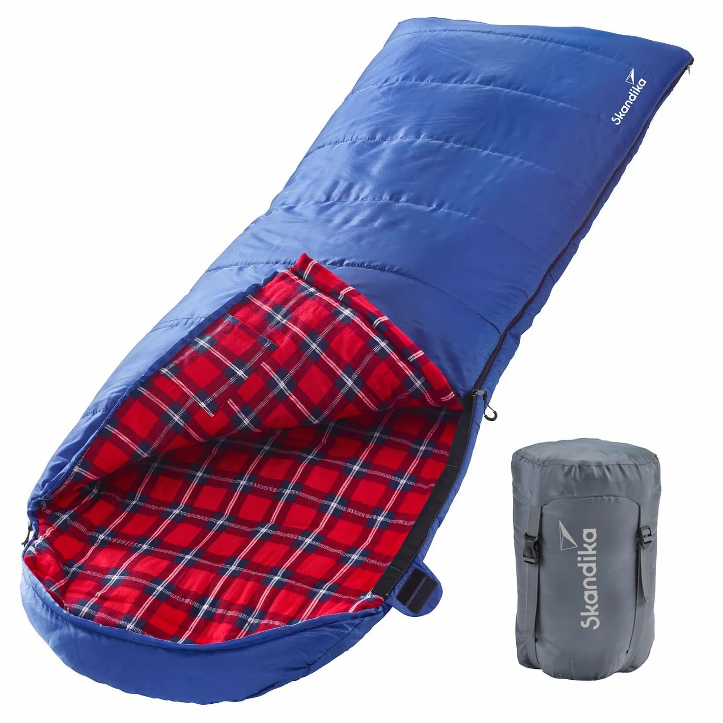 Saco de Dormir Dundee Flannel | Saco de Dormir de algodón para Adultos, acoplable, 3 Estaciones, hasta -20°C, 220 x 80 cm / 220 x 160 cm Saco de Dormir Doble (Azul/Derecha)