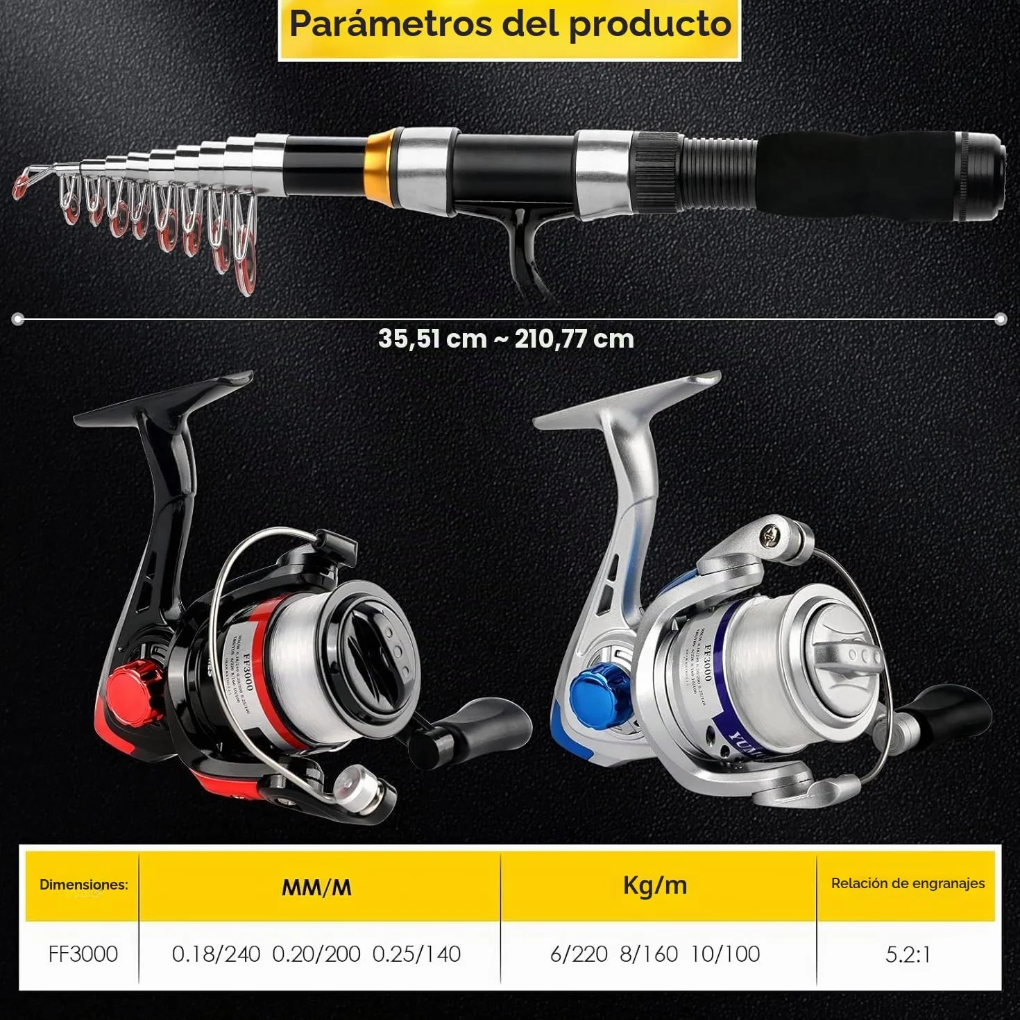 Kit de caña de pescar telescópico giratorio 2 uds 6.89 pies plegable con bolsa