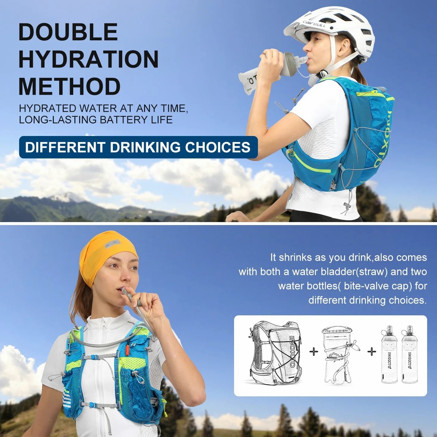 INOXTO Chaleco de hidratación ligero para correr, mochila de hidratación con bolsa de agua de 1.5 L y botella de agua plegable suave de 450 ml para senderismo, correr, ciclismo, carreras para mujeres
