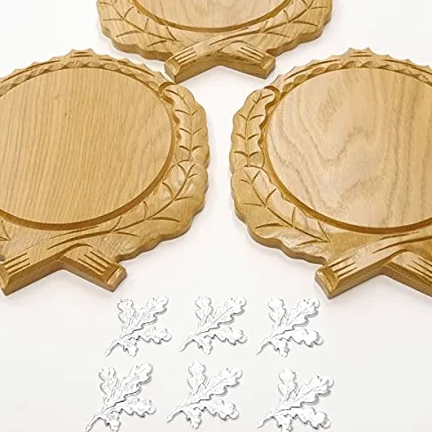 GTK - 3 placas de cuña talladas de roble claro AF 17,5 cm con 6 hojas de aluminio de roble, cubierta para cuñas, tabla de especias, cartel para trofeos