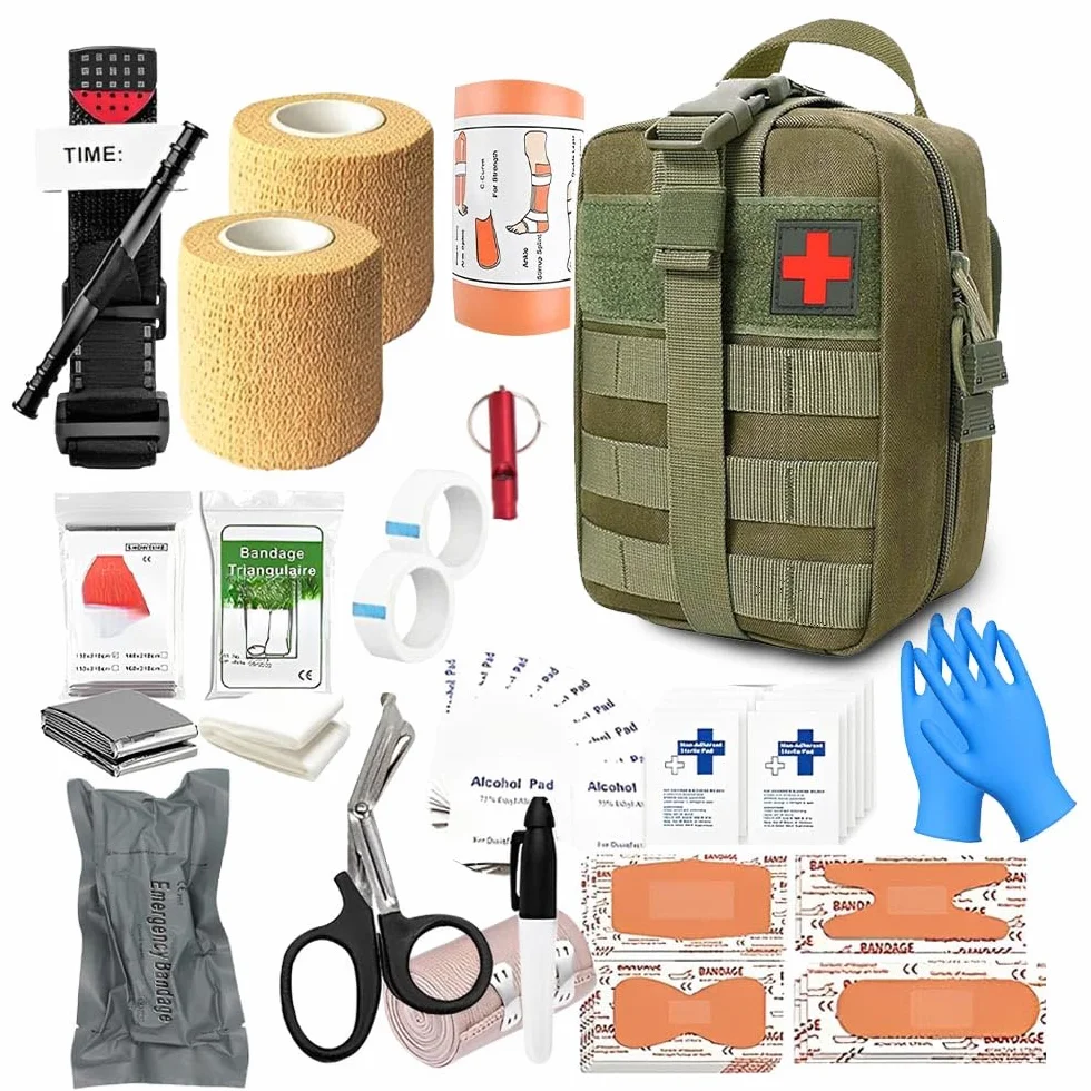 Botiquin de Primeros Auxilios Militar, 19 Variedades, 61 Piezas Kit Primeros Auxilios Militar, First Aid Kit para El Hogar, El Automóvil, La Escuela, Acampar Al Aire Libre