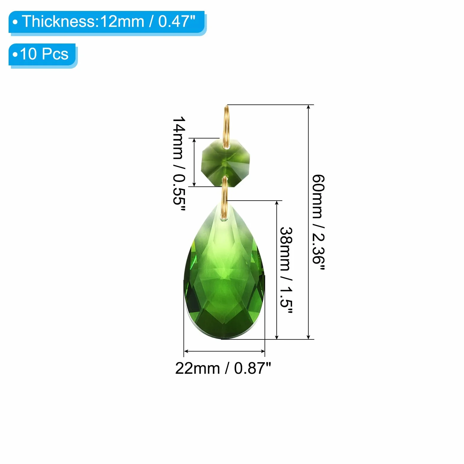PATIKIL Lágrima de Cristal para Lámpara de Araña, 60 mm, 38 mm, Verde, Paquete de 10