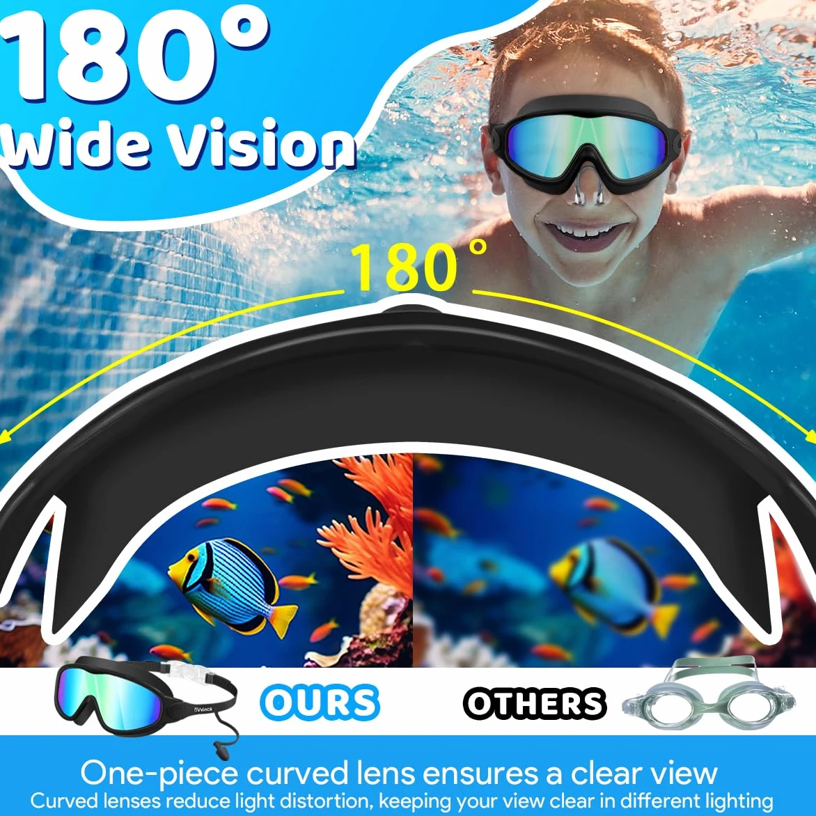 Vvinca Gafas de natación para niños con tapones para los oídos y clip para la nariz, visión amplia, antivaho, gafas de natación UV para niños y niñas de 3 a 15 años