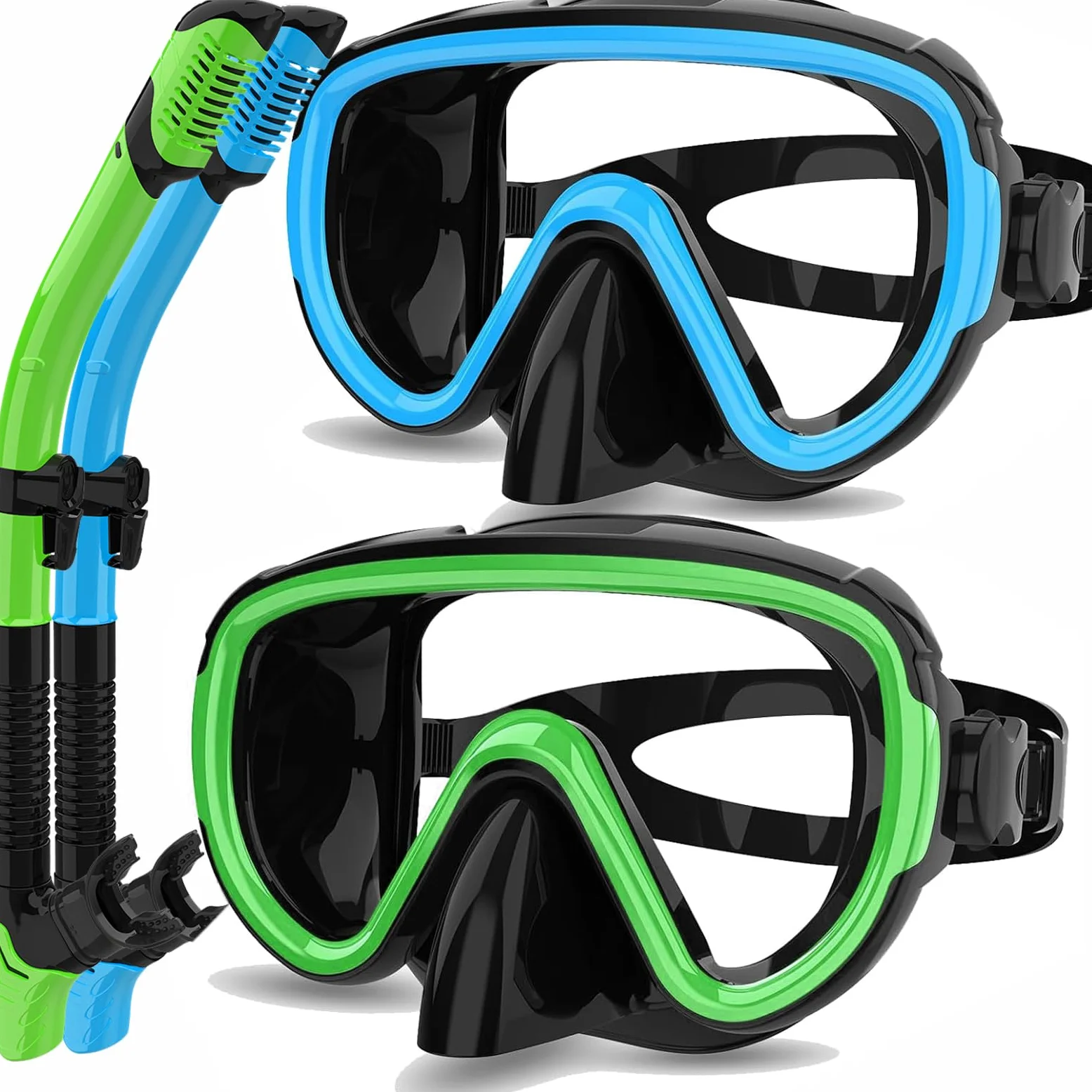 Juego de 2 máscaras de esnórquel secas para adultos, máscara de buceo, gafas de natación, máscara de buceo, cubierta de nariz, buceo libre, (azul cielo + verde)