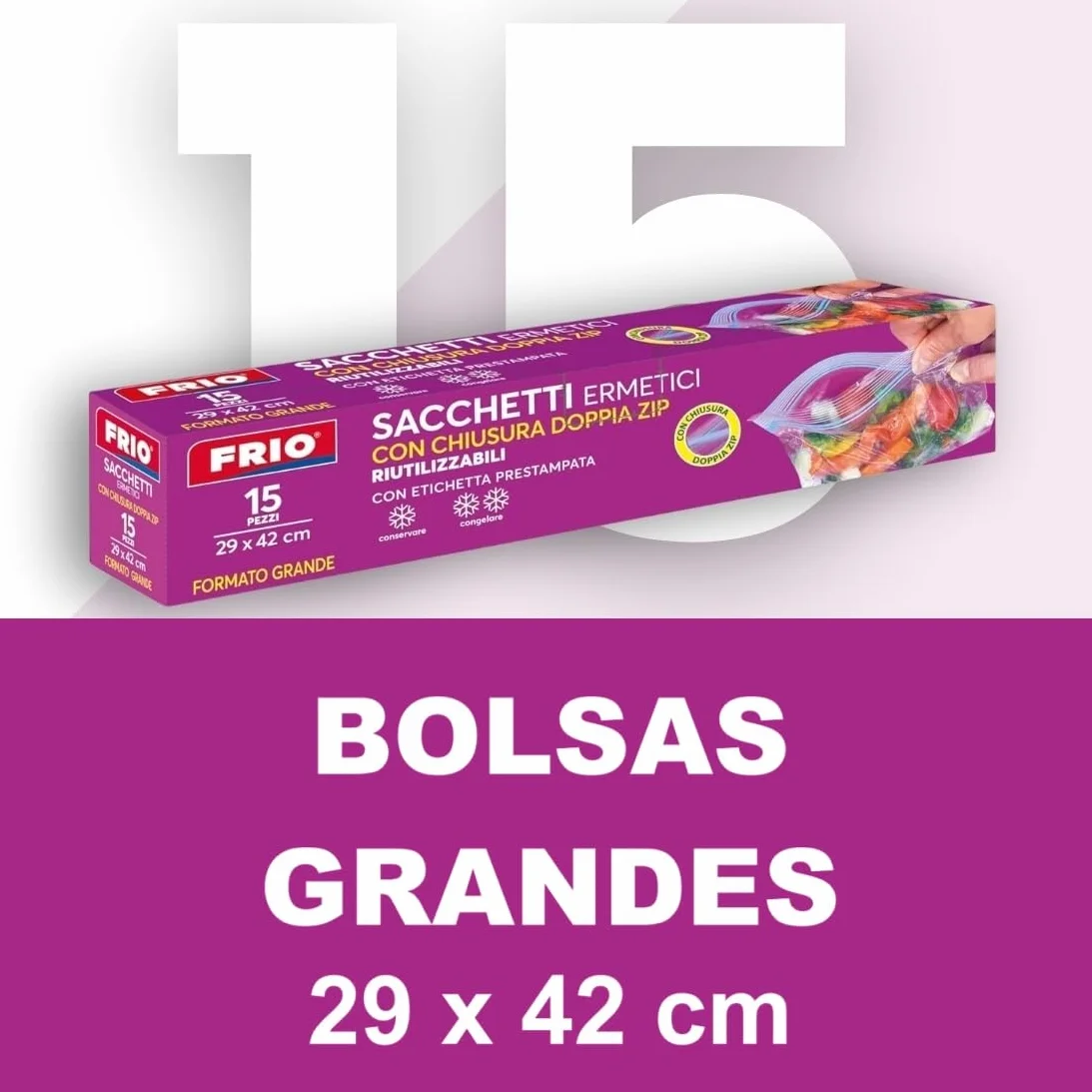 FRIO Bolsas grandes para congelar 6L Talla L 29x42 cm reutilizables cierre hermético sin BPA