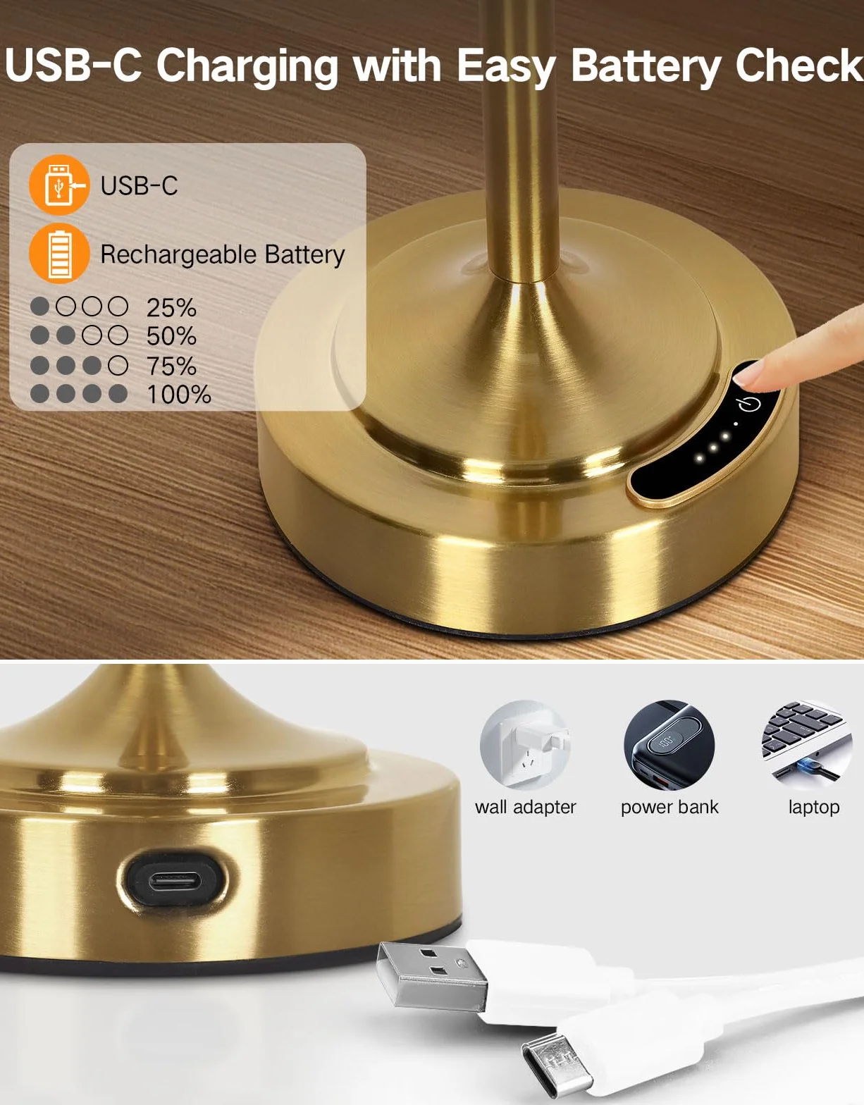 OUTON 2 Piezas Lámparas LED Recargables Inalámbricas Táctil Regulable 3 Temperaturas 5200mAh USB-C 60h Autonomía Oro