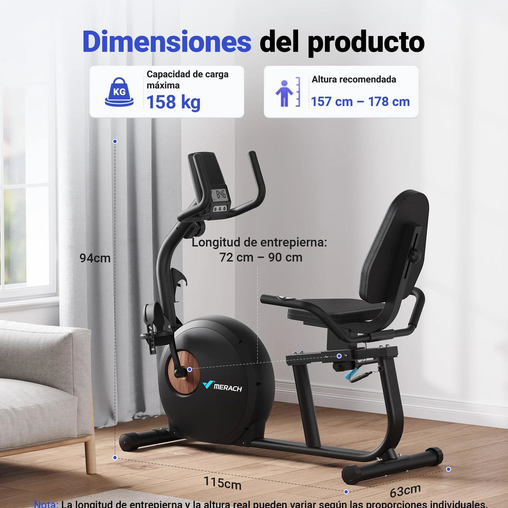 MERACH Bicicleta Estatica, Bicicleta Estática Magnética con 8 Niveles de Resistencia Ajustables, Bicicleta Reclinada con Pantalla LCD, Manillar de Frecuencia Cardíaca, Capacidad de Carga de 136 kg