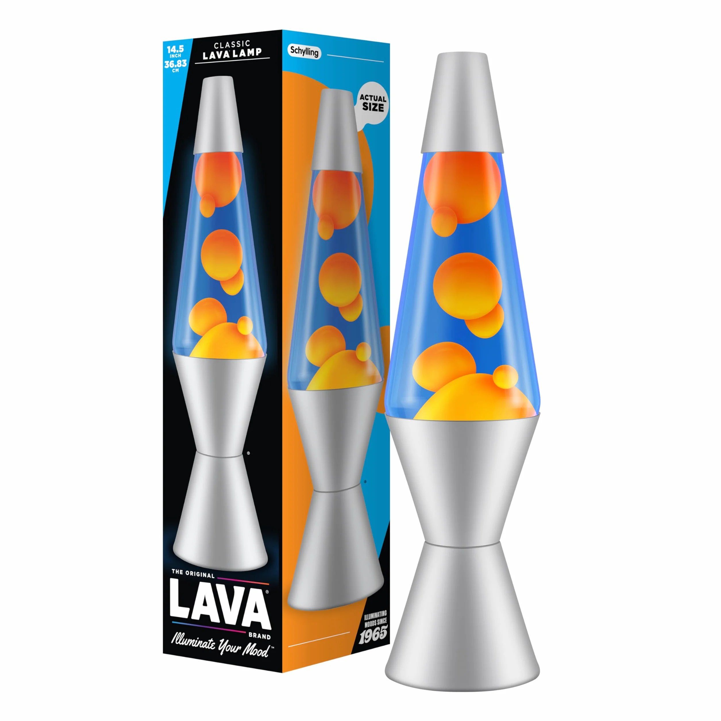LAVA® Lámpara Lava 2117, original 14,5 pulgadas, cera naranja, líquido azul, plateado