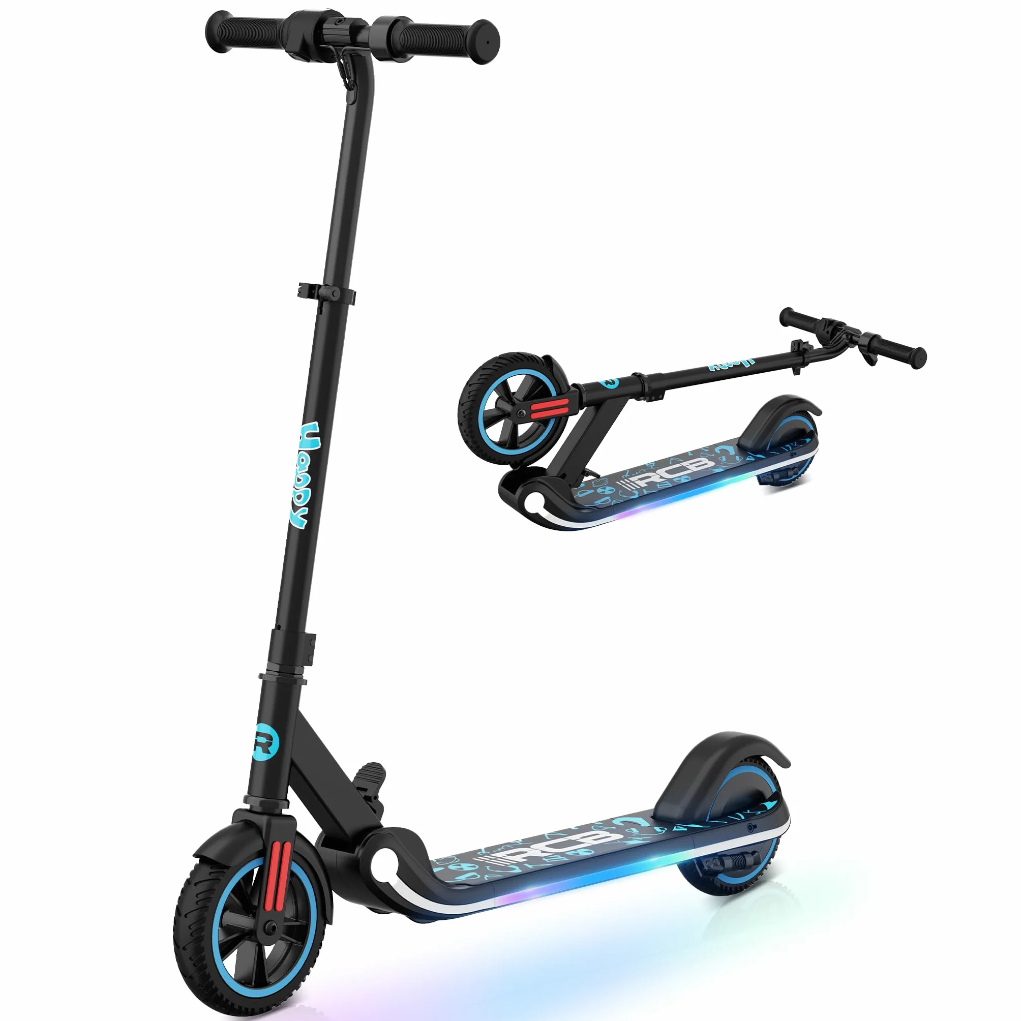RCB Patinete Eléctrico para Niños 6-12 Años, 150W Motor - Máx.16 Km/h - Luz LED Arcoíris - Plegable - Pantalla LED - Velocidad y Altura Ajustables, Regalo para niños y Adolescentes