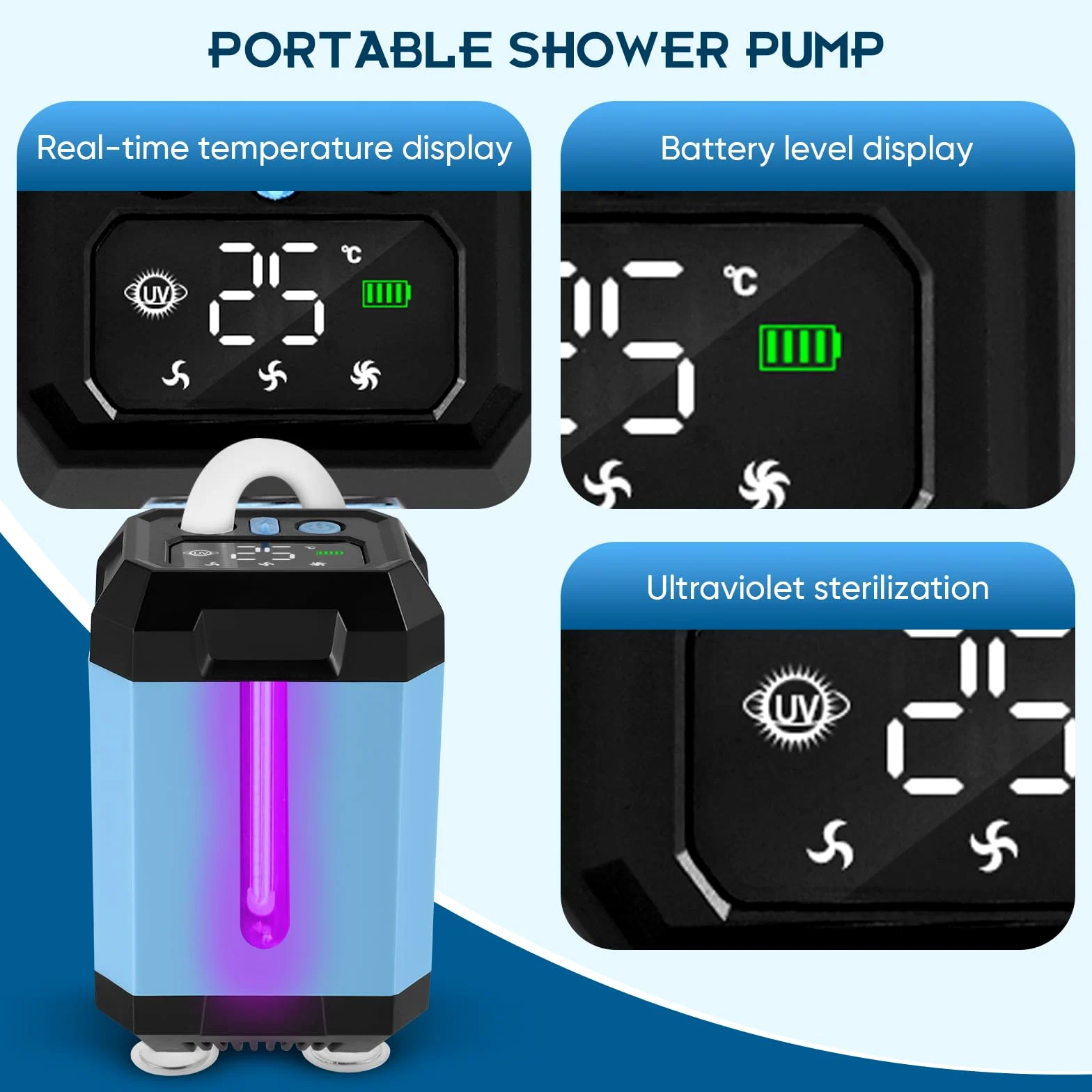 Batería portátil de ducha de camping con bomba, función de esterilización, ducha de camping, 5400 mAh, recargable con cabezal de ducha y manguera de 2 m, indicador de temperatura y potencia para