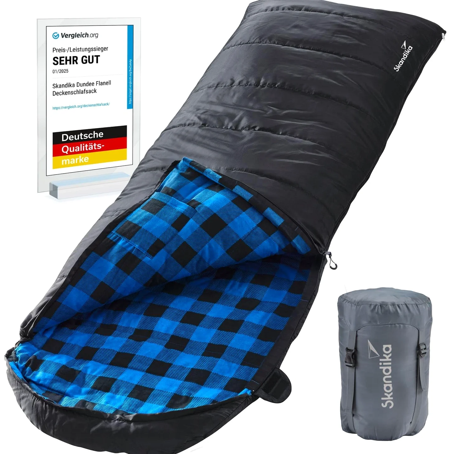 Saco de Dormir Dundee Flannel | Saco de Dormir de algodón para Adultos, acoplable, 3 Estaciones, hasta -20°C, 220 x 80 cm / 220 x 160 cm Saco de Dormir Doble