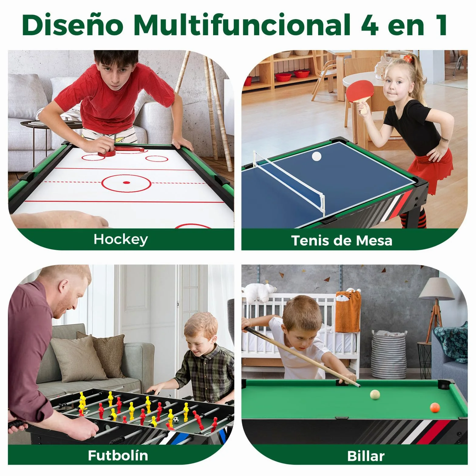 RELAX4LIFE 4 en 1 Juegos de Mesa Apilable para Niños y Adultos, Futbolín, Hockey, Billar, Tenis de Mesa con 18 Accesorios para Salas de Juegos y Bares, Regalo Cumpleaños o Navidad, 125x97x83cm