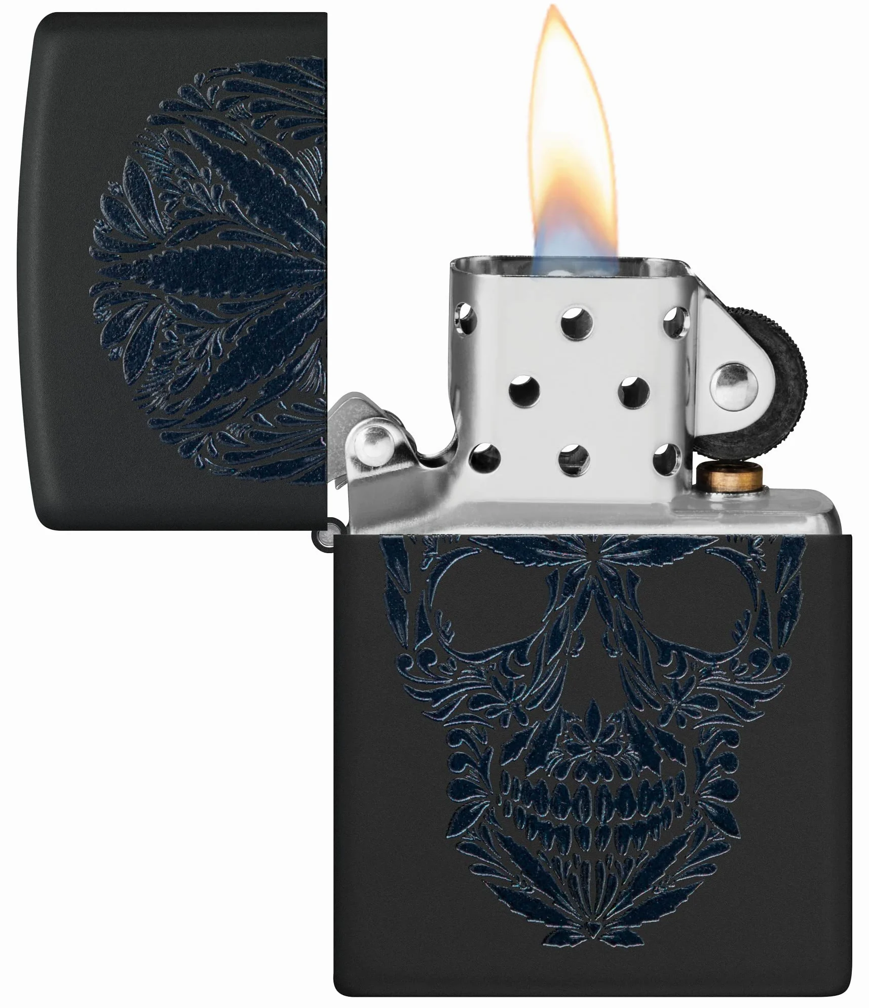 Zippo Encendedor a Prueba de Viento - Modelo Cannabis Skull - Acabado Negro Mate con Efecto Luz Negra - Recargable - Reutilizable - Diseño a Prueba de Viento - Caja de Regalo - Hecho en EEUU