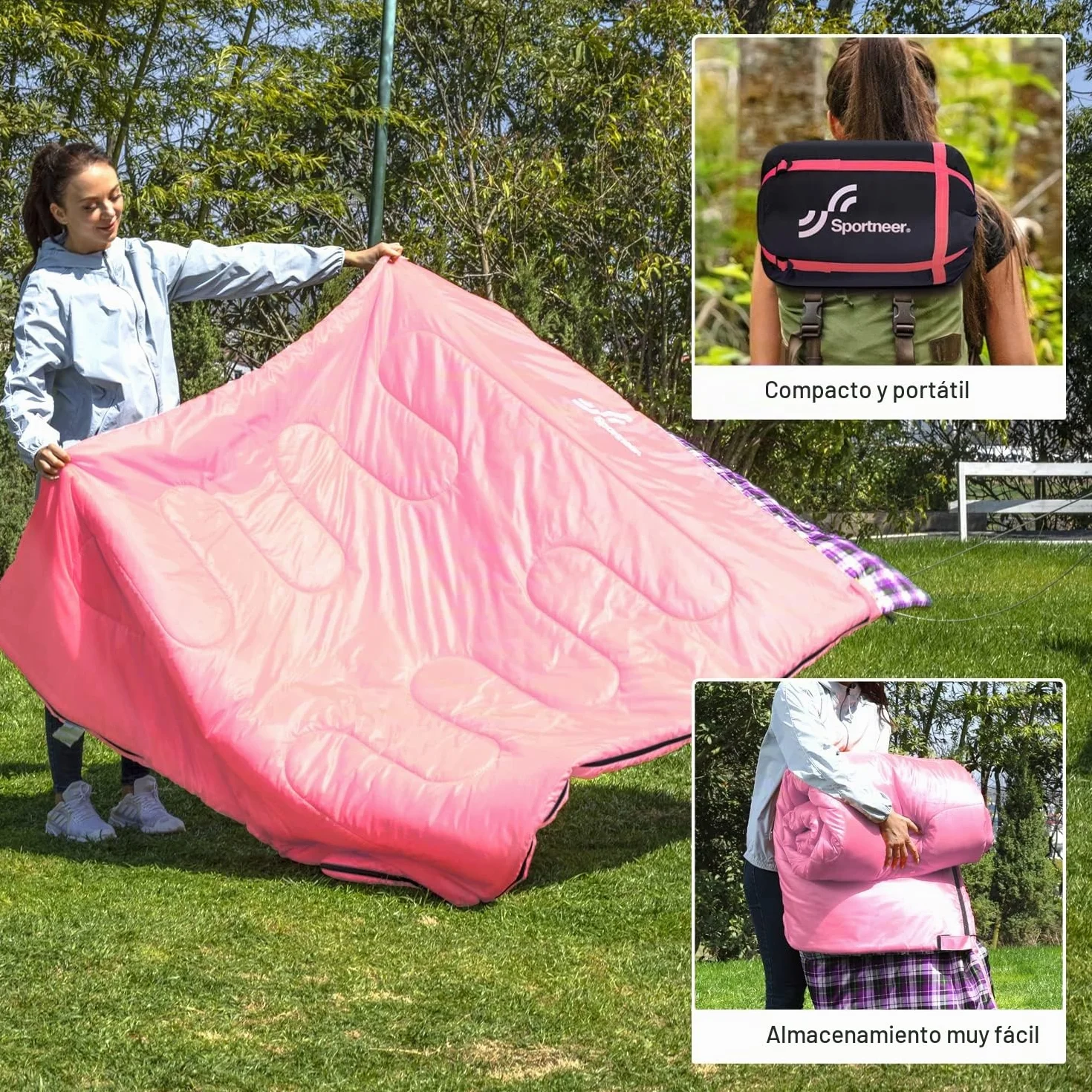 Sportneer - Saco de Dormir Doble para Exteriores, 2 Personas, 3 Estaciones, 220 x 150 cm, 2,75 kg con 2 Almohadas, Cuatro Cremalleras Dobles, para Adultos