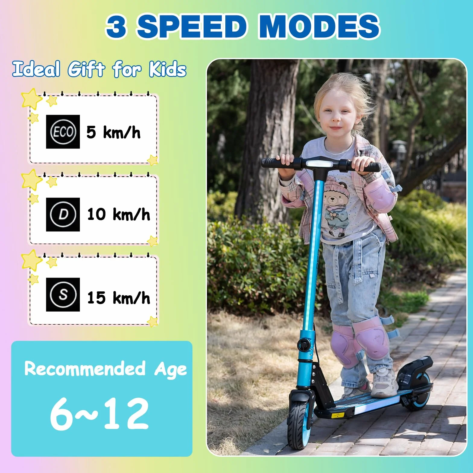 RCB R12 Patinete Eléctrico Niños para 6-12 años, hasta 15 km/h y 10 km, 6.5" Plegable Patinete Eléctrico,Luces de Arco Iris, Dos Tipos Frenos, Pantalla LED, Regalos para Niños