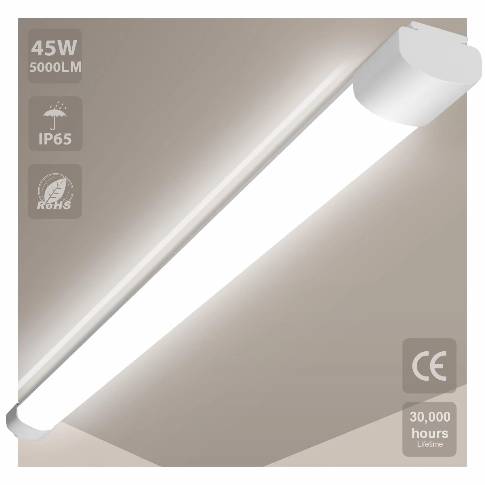 Lámpara LED IP65 45W 5000lm 4000K 150cm blanco neutro para ambientes húmedos