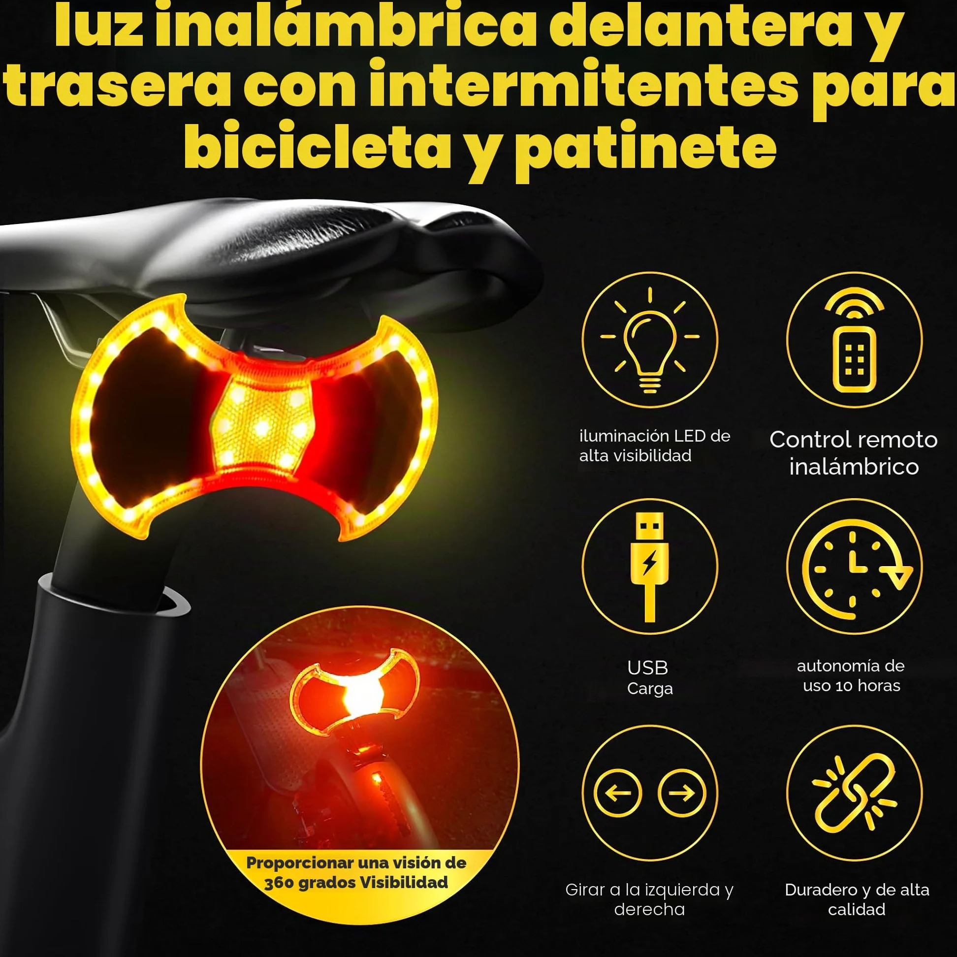 Luces delanteras y traseras con señales de giro para bicicleta y scooter: accesorios y montaje universal para scooter incluidos, control remoto inalámbrico, luz LED recargable por USB