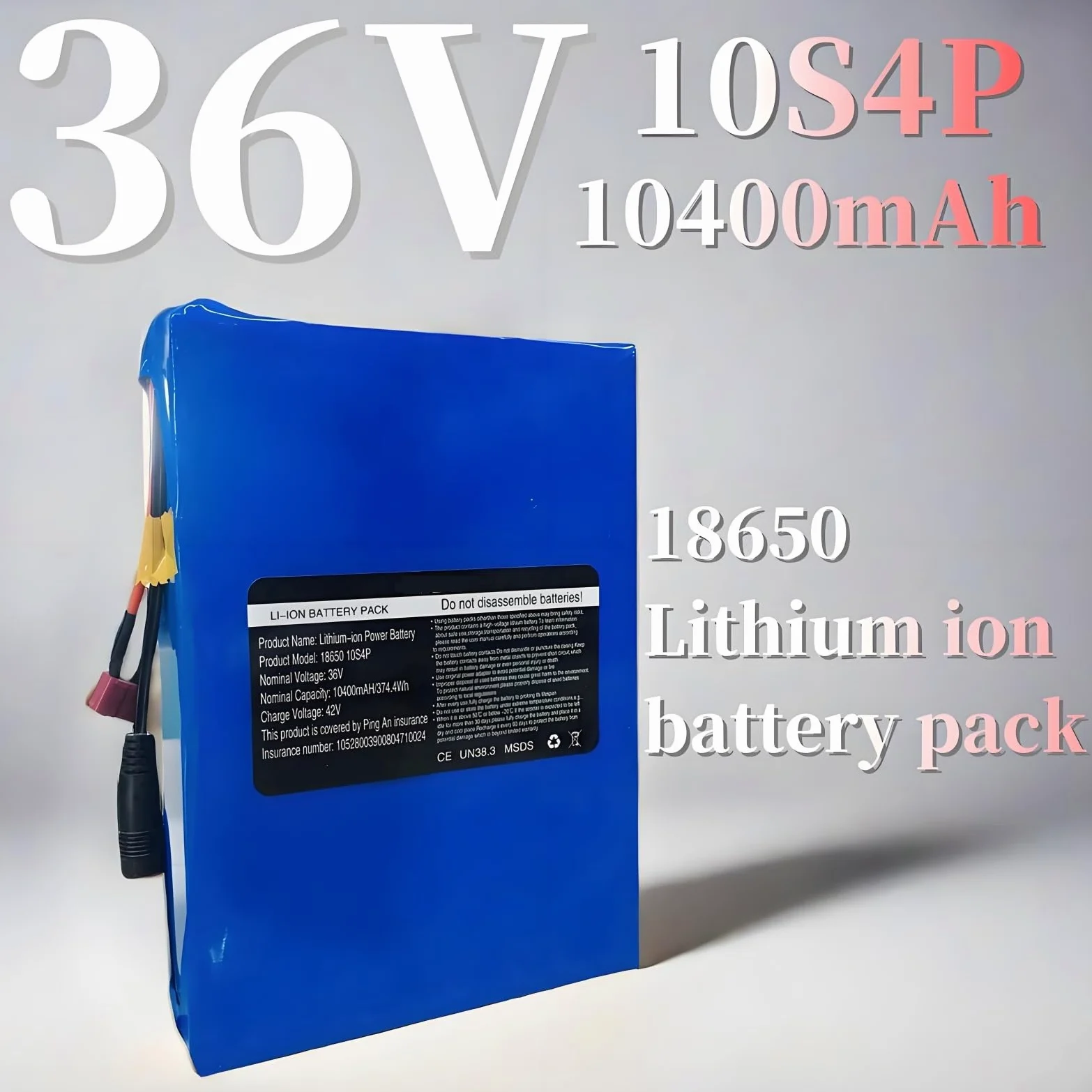Batería 36V 10.4Ah 10S4P Pack Ion Litio Con Cargador 42V 2A Enchufe T DC5521 Para Bicicleta Eléctrica Y Patinete Compacto Portátil 2Kg 199X145X43Mm BMS 30A