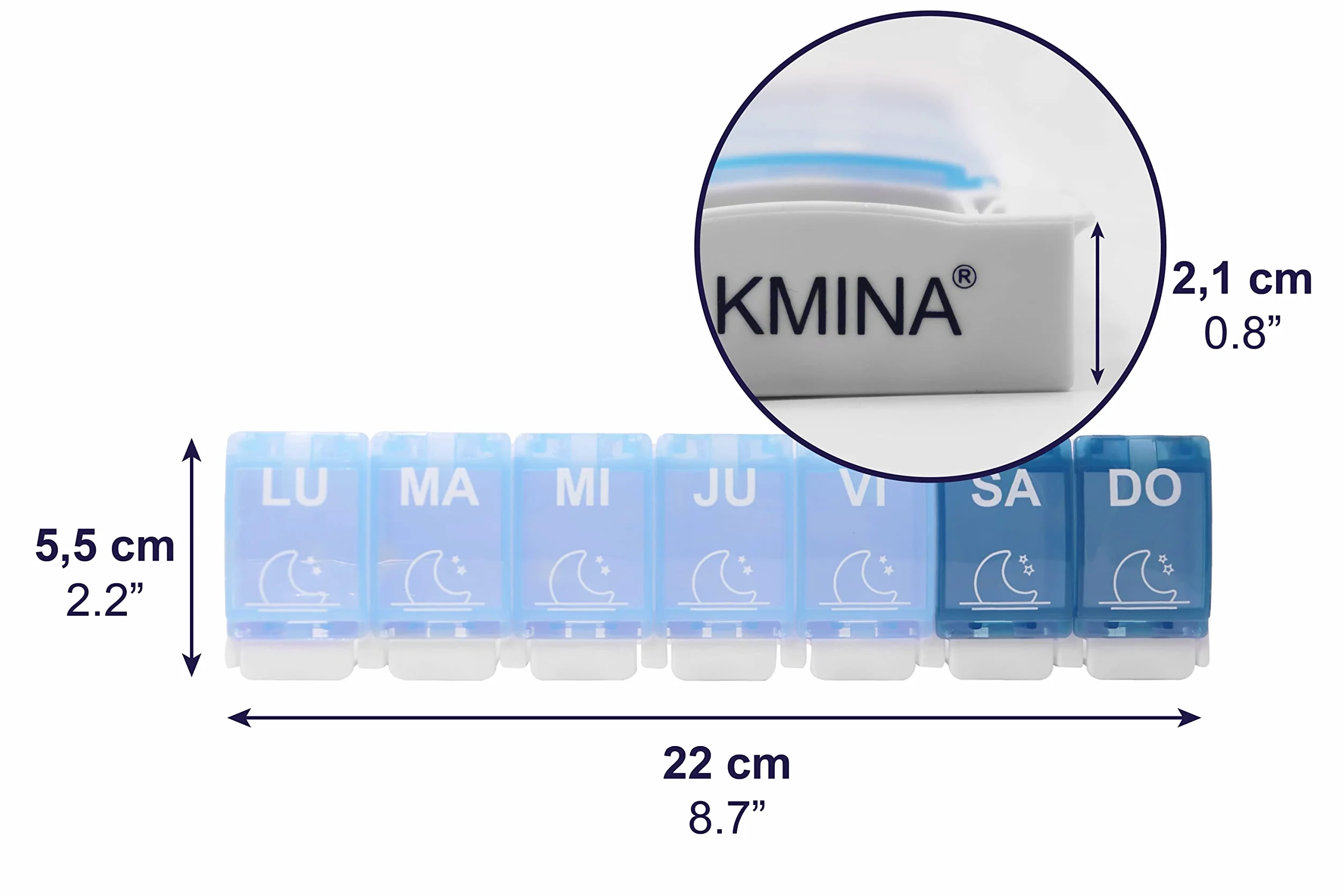 KMINA Pastillero Semanal 3 Tomas Grande Organizador de Medicamentos Patentado Fabricado en España