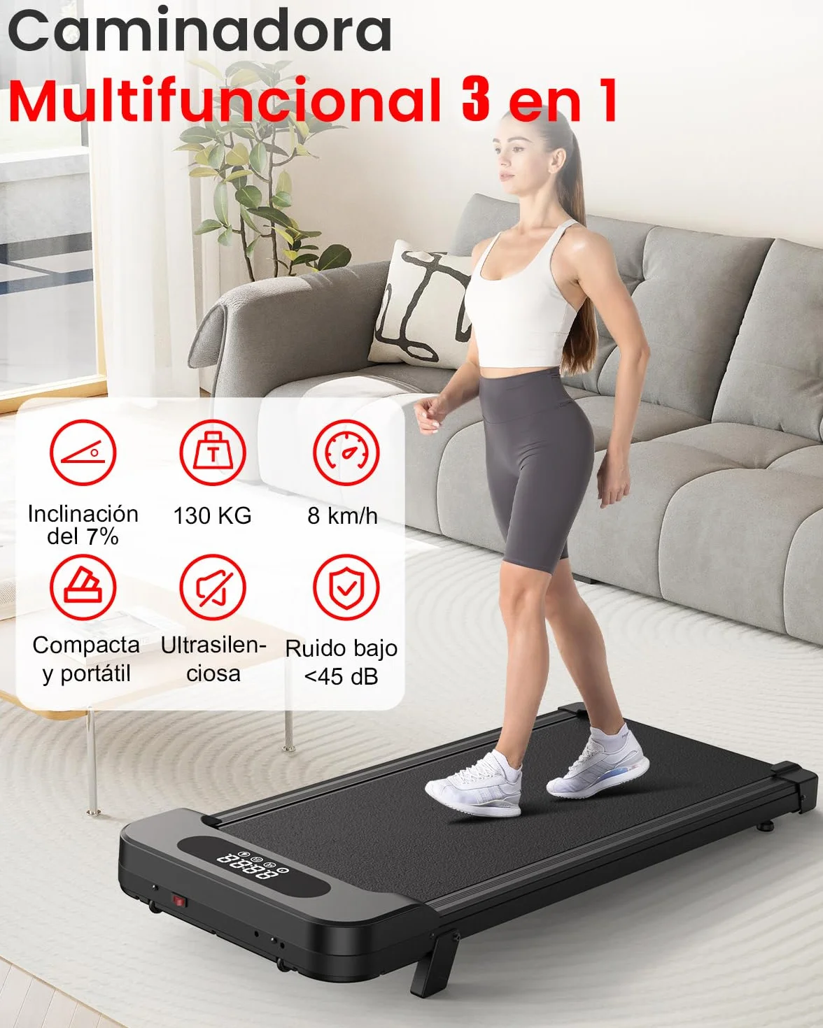 HomeFitnessCode Cinta de Correr y Andar 3 en 1 con Inclinación 7% – Caminadora Eléctrica Silenciosa, 8 km/h, Motor 2,5CV, Sistema de Amortiguación, Pantalla LCD, 130 kg – Hogar y Oficina
