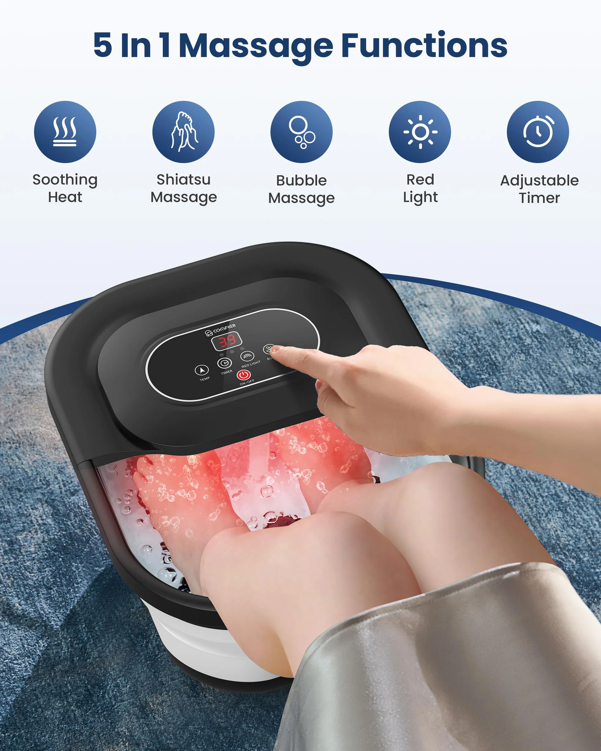 COMFIER Spa para Pies con Calor, Burbujas y Vibración, Control de Temperatura, Piedra Pómez, Temporizador Inteligente, Regalos para Mujeres (Negro)