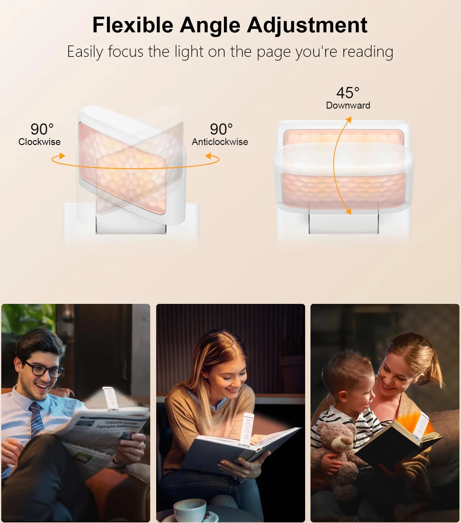 Gritin Lámpara de Lectura Recargable con Pinzas, 3 Colores Protección Ocular, 5 Brillos Ajustables