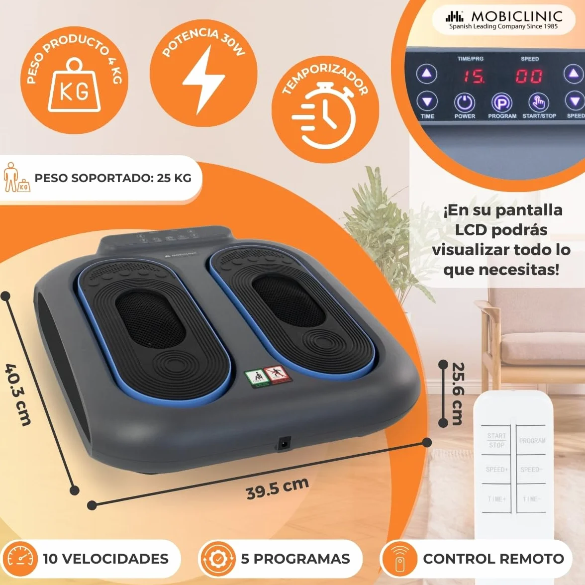 Mobiclinic Masajeador de pies Vibración 10 niveles velocidad 5 programas Control remoto