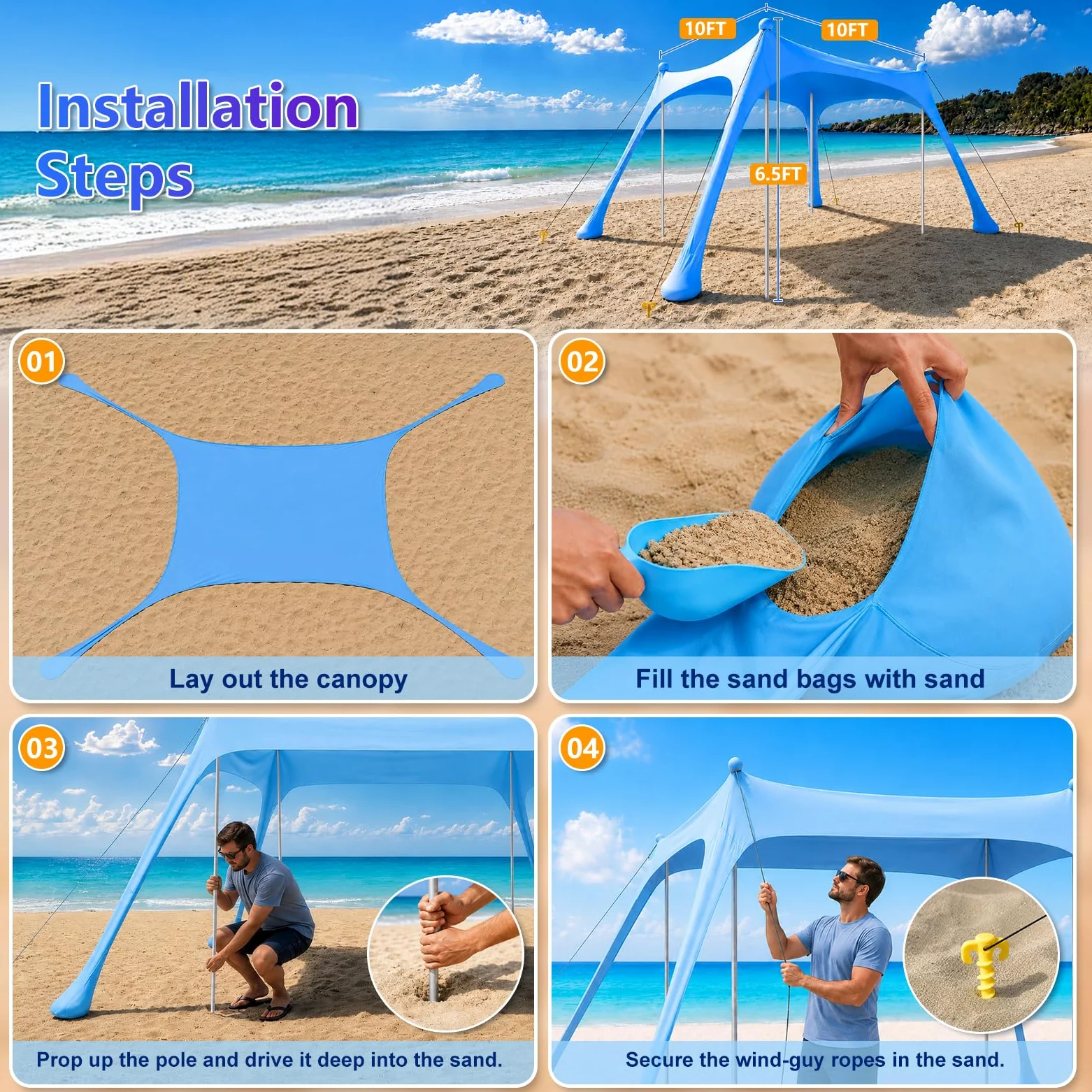 Tienda de Playa UPF50+ con Esterilla, Toldo Solar Antiviento Portátil | Refugio con Anclajes de Arena y Barras de Aluminio, Fácil Montaje para Camping, Playa y Picnic, 10x10FT Azul Cielo