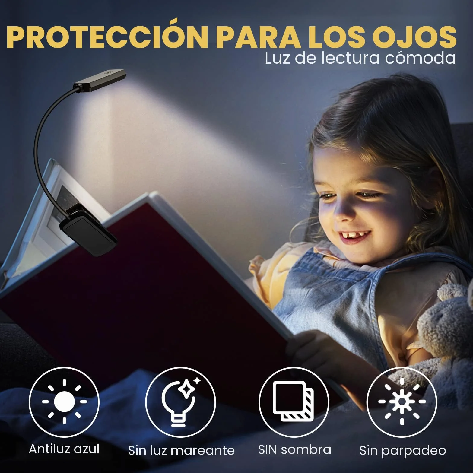 TEAMPD Luz de Lectura USB Recargable, 10 LEDs 3 Colores Atenuación Continua, 360° Flexible con Clip