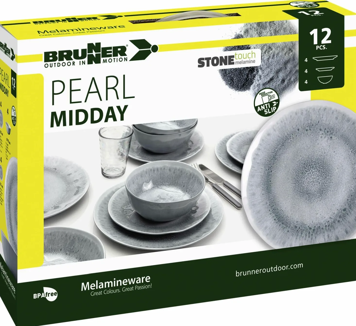 BRUNNER - Vajilla de camping de melamina Pearl - 12 piezas - Antideslizante