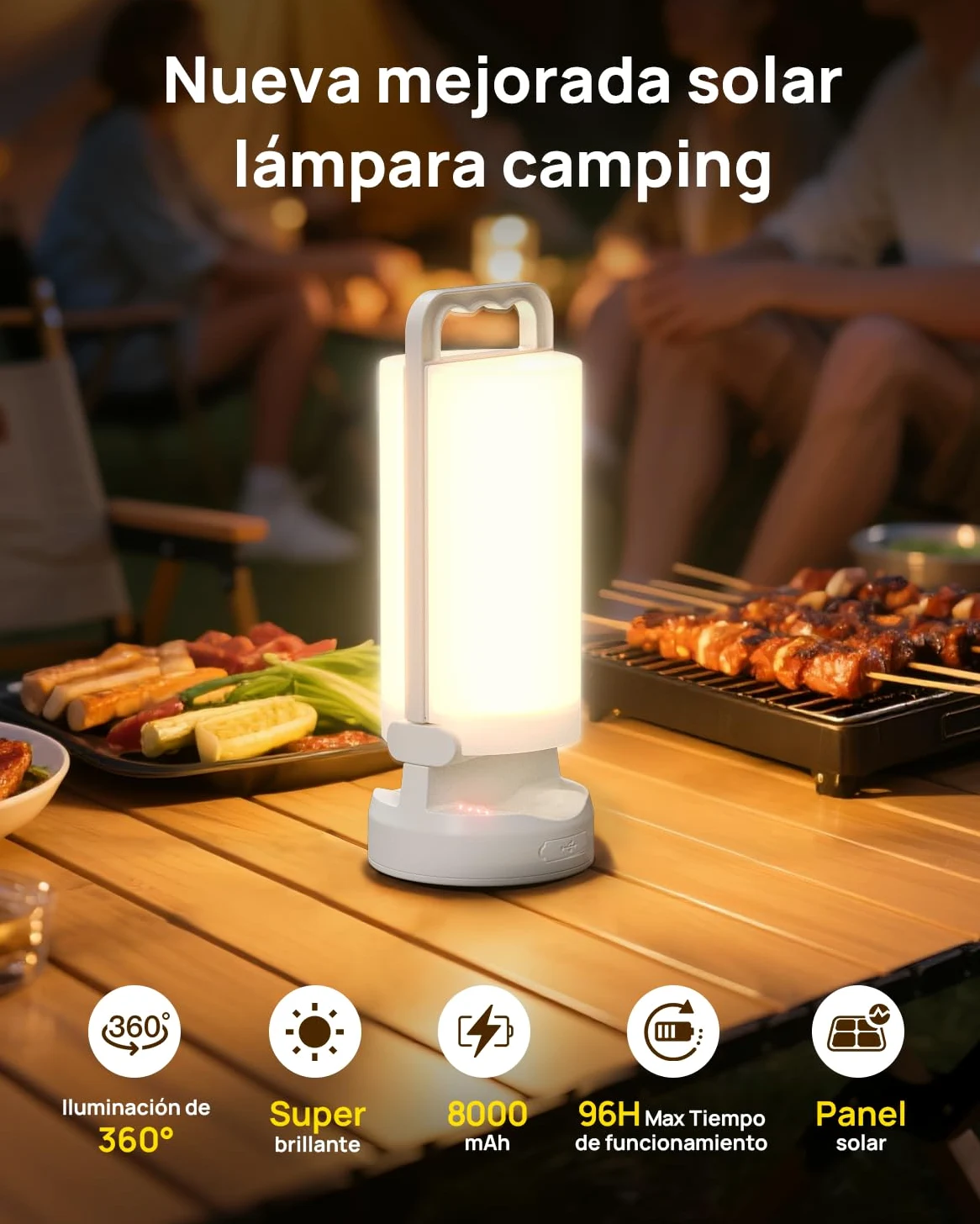Eventek Luz Camping Solar 8000mAh, Ultra Brillante Doblar LED Lampara Camping con 3 Modos y Control Táctil, IPX5 Linterna Camping Recargable para Los Cortes de Energía, Tienda, Senderismo, Emergencia