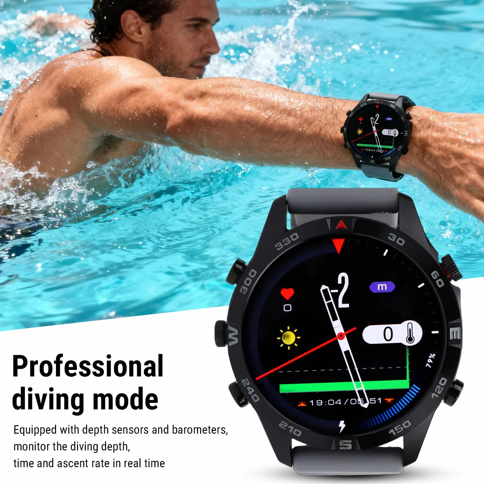 SUNGOOYUE Reloj Inteligente, Reloj de Buceo Inteligente a Prueba de Agua con Sensor de Profundidad de 100 M Duración de la Batería Pantalla de 1,43 Pulgadas para Buceo, Snorkel, Natación,