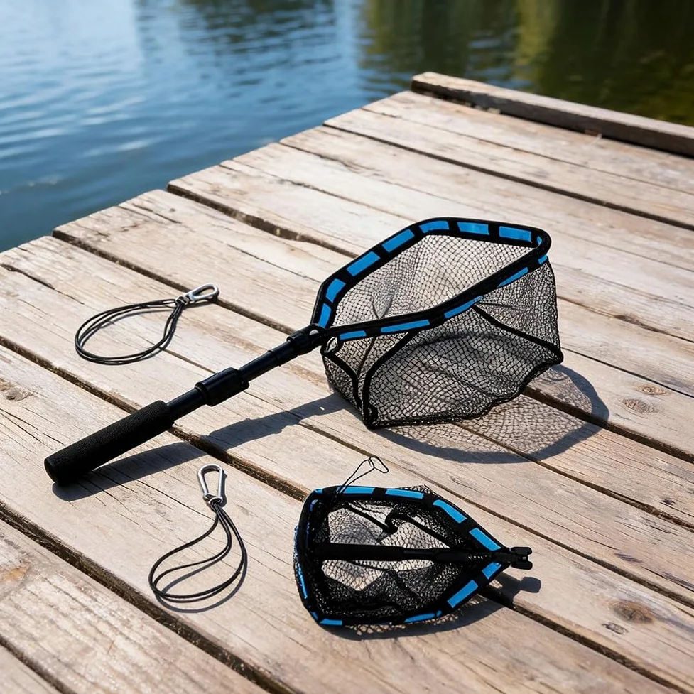 Red de pesca plegable extensible, mango telescópico de 80-100 cm con diseño flotante y cordón para un fácil almacenamiento