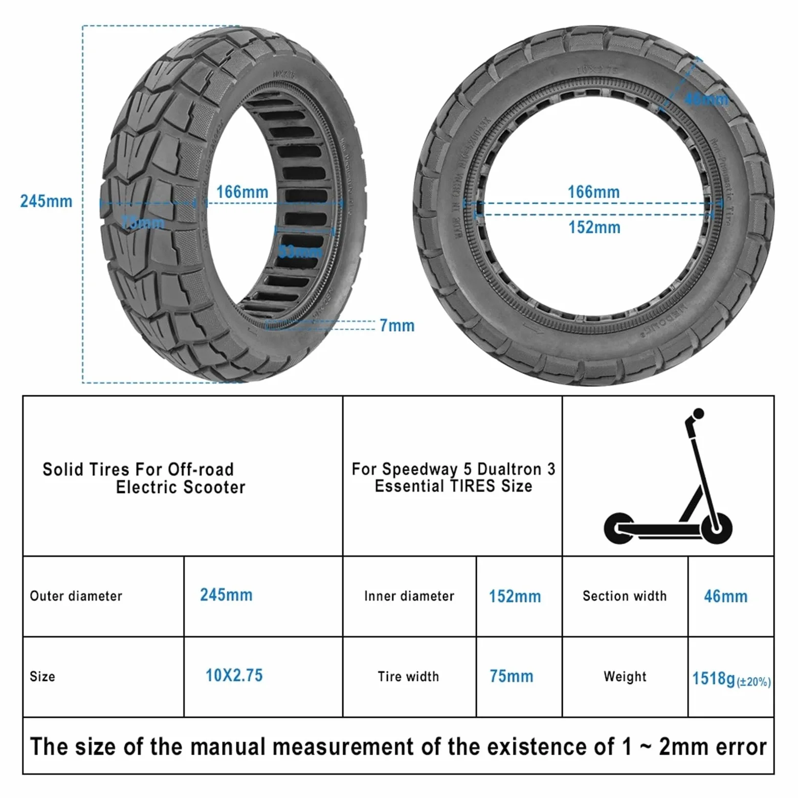 Neumático sólido for patinete eléctrico KuGoo, G-Booster G2 Pro de 10 pulgadas, con diseño panal, 85/65-6,5, x 2,75 rueda de scooter de goma maciza