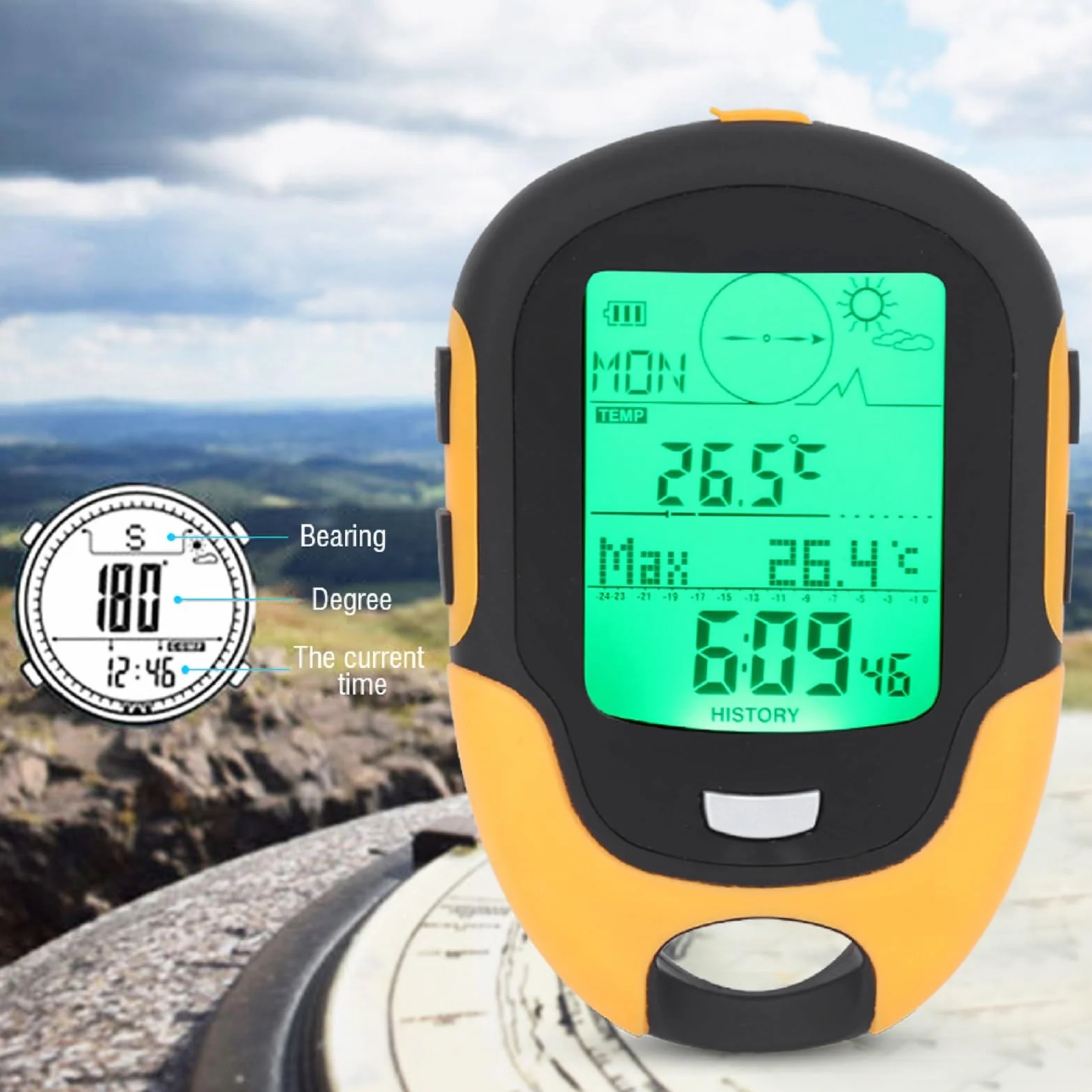 FR500 Al Aire Libre Multifuncional Coche Altímetro Barómetro Termómetro Higrómetro Brújula Altímetro Digital con Múltiples Funciones Portátil Senderismo Altímetro Trekking