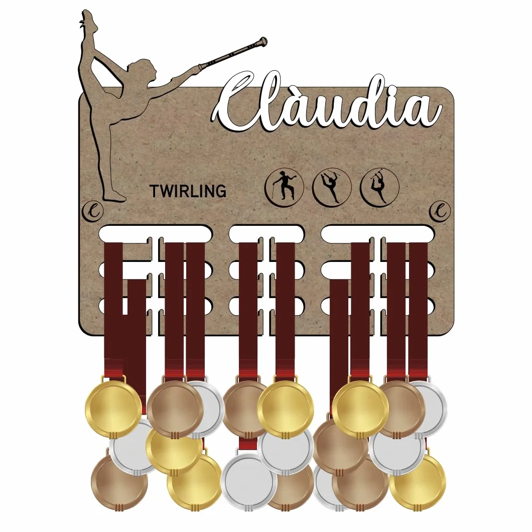 Medallero Twirling de Madera Personalizado con Nombre Colgador de Medallas Deportivas