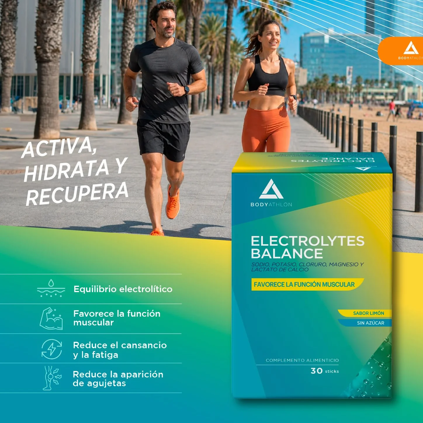 Electrolitos Sin Azucar en Polvo 1779mg Limón Sales Minerales para el Deporte Bodyathlon