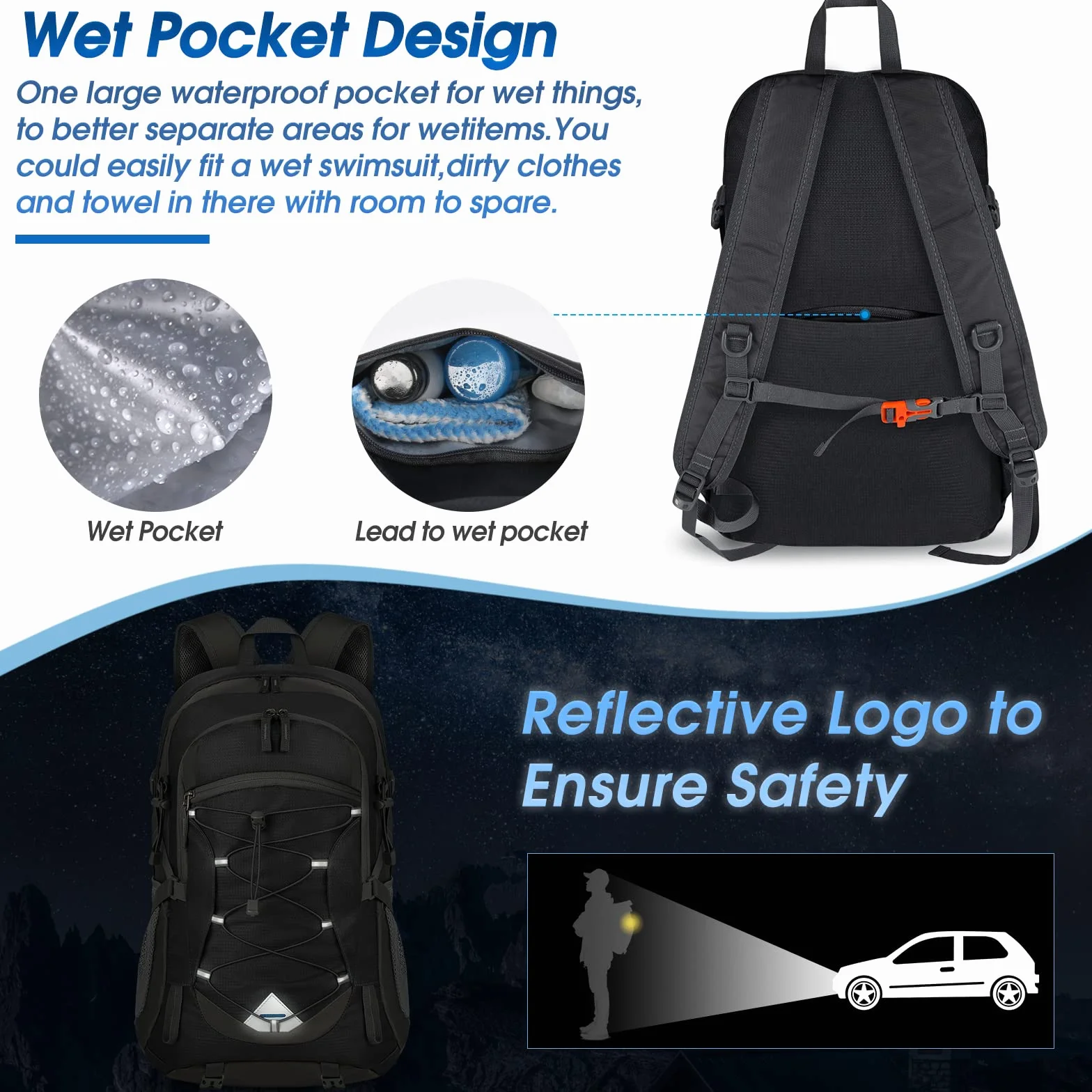 Mochila de Senderismo 40L Ultraligera Plegable para Camping Viajes, Negra