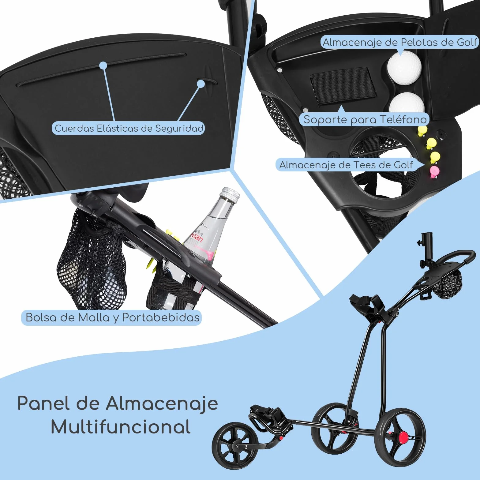 COSTWAY Carrito de Golf Plegable 3 Ruedas con Paragüero Portavasos