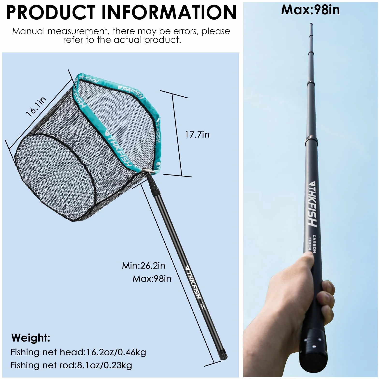 THKFISH Red de pesca de fibra de carbono con mango largo, telescópica de 210 – 400 cm, marco de aluminio, red de pesca de goma, red de pesca