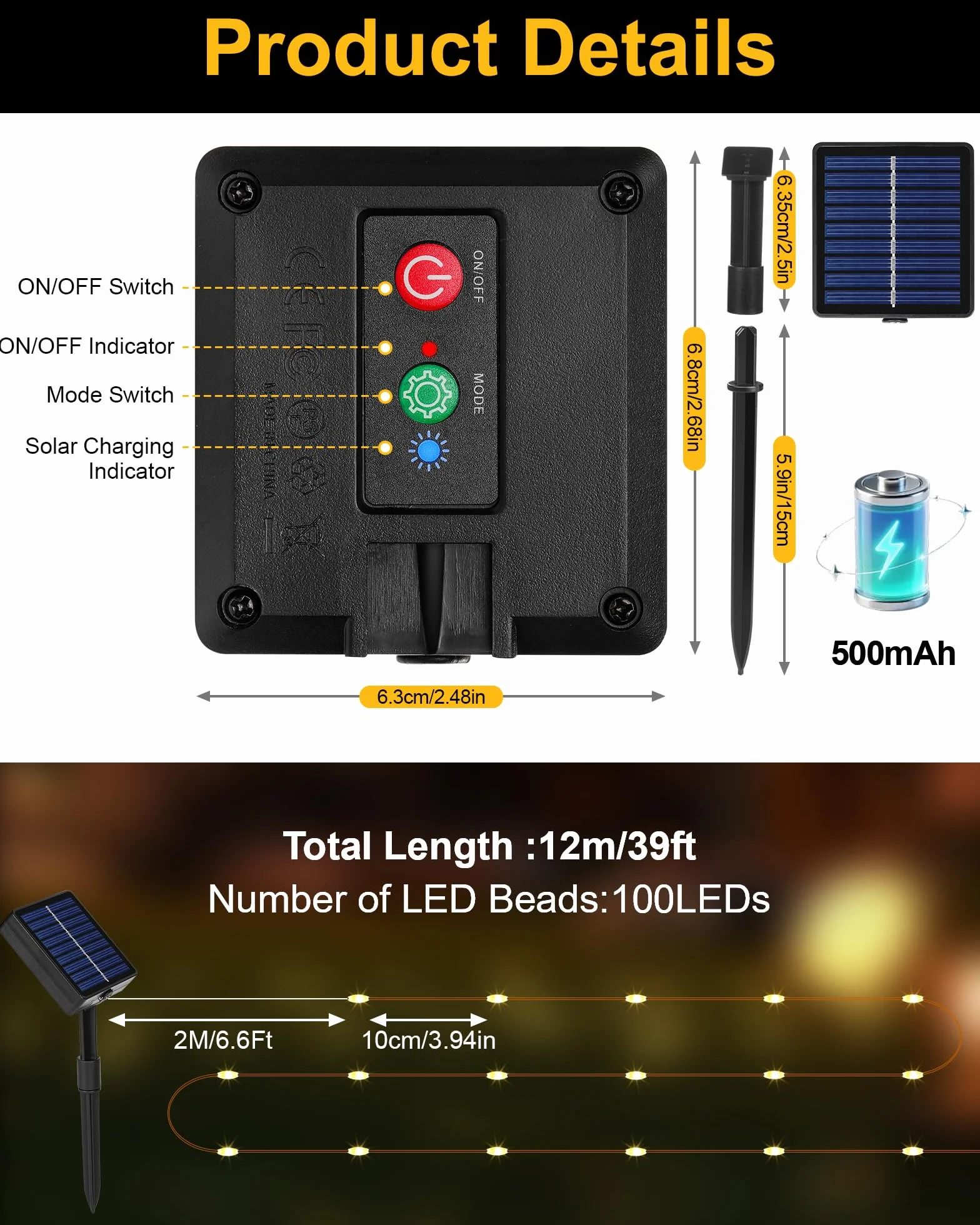 Tacobey Guirnaldas Luces Exterior Solar 20M 200 LED 8 Modos Temporizador Blanco Cálido