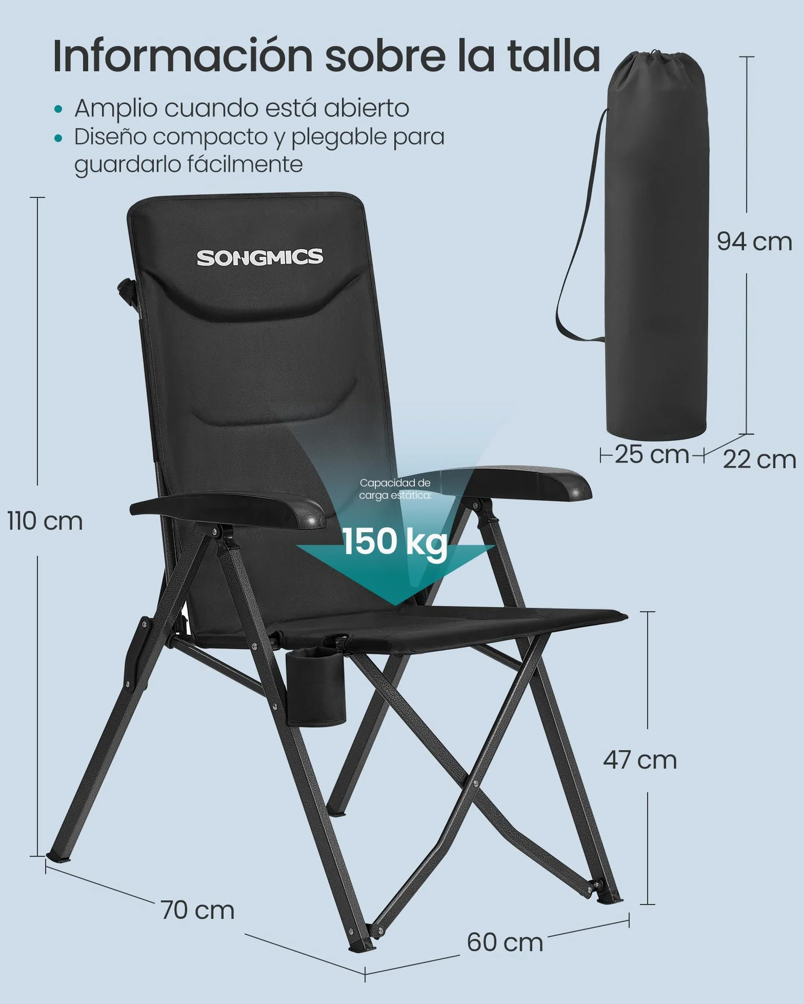 SONGMICS Silla de Camping para Adultos, Reclinable 95°-150°, Plegable, Respaldo Alto Ajustable, con Portavasos y Bolsa con Correa para el Hombro, Jardín, Pícnic, Pesca, Negro GCB015BZ01
