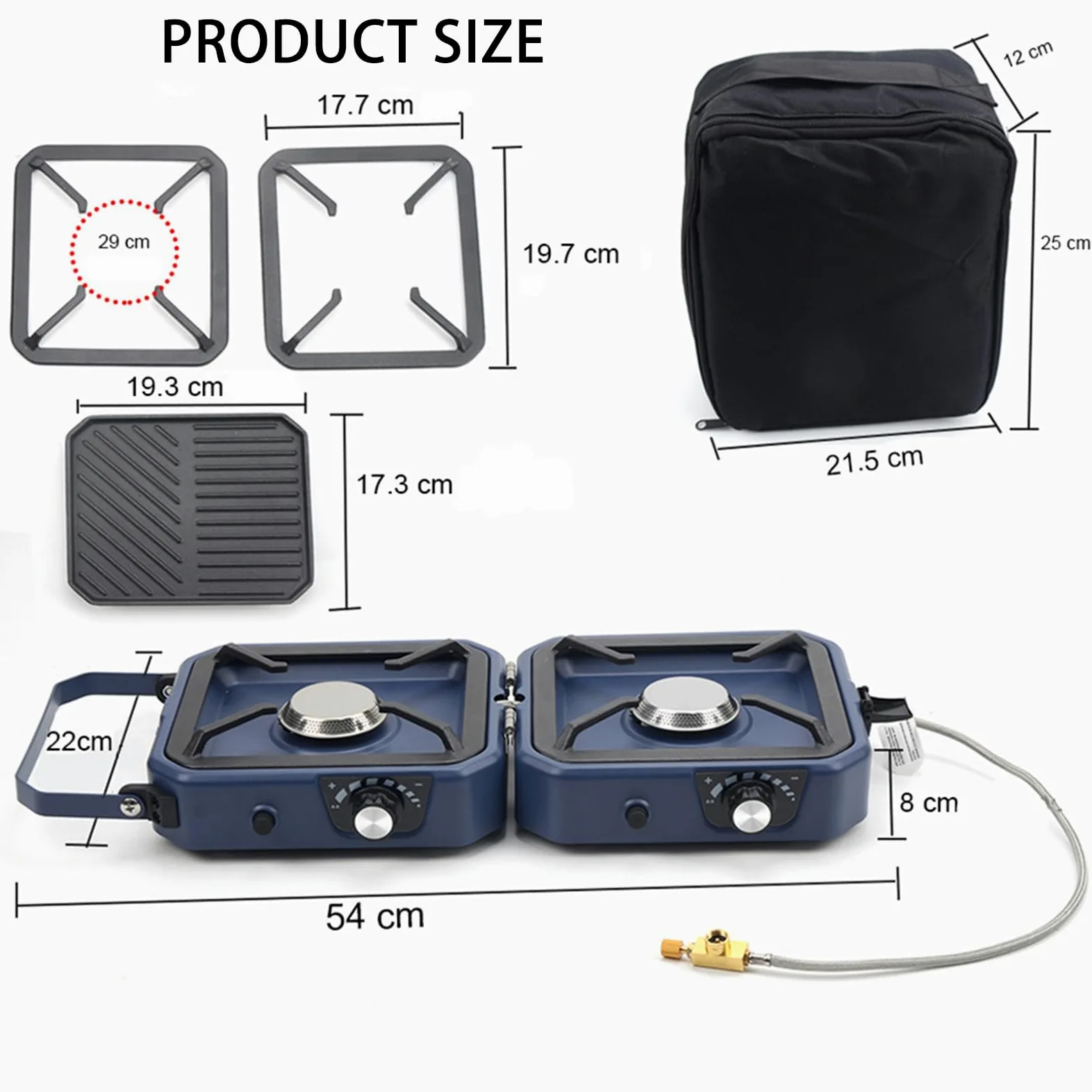 Estufa de camping de 2 quemadores con plancha, barbacoa plegable con quemadores ajustables y encendido piezoeléctrico para cocinar al aire libre, senderismo y eventos de jardín