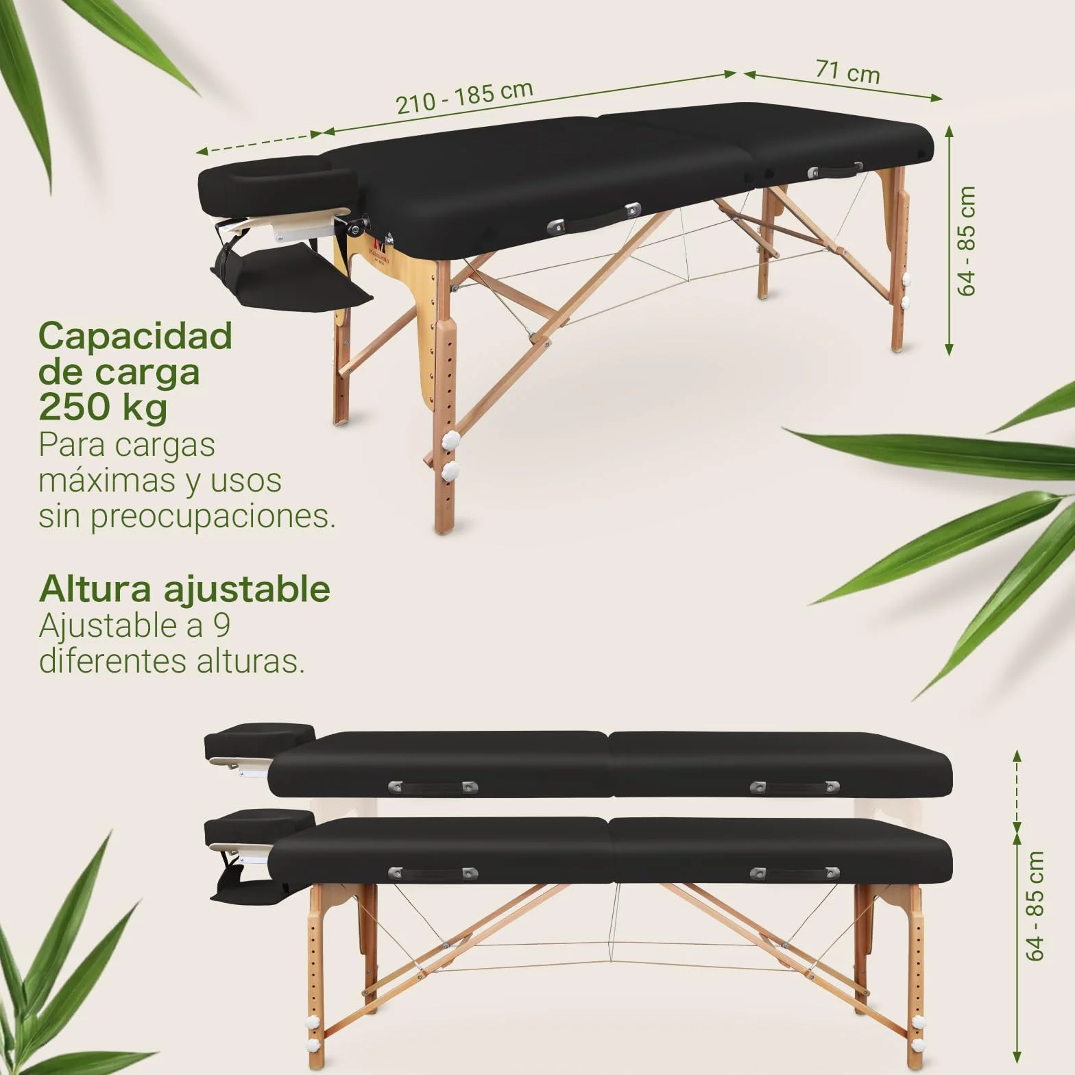 MASSUNDA Camilla Masaje Móvil Confort Deluxe Regulable en Altura Madera Maciza con Reposacabezas Ergonómico Negro