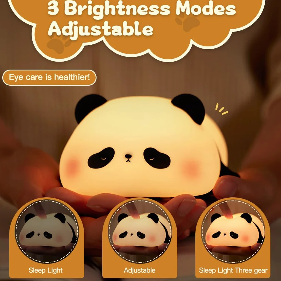 Luz Nocturna Infantil Panda de Silicona, Ajustable 3 Niveles Brillo 30Min Temporizador, USB Recargable LED Lámpara Regalo Niños