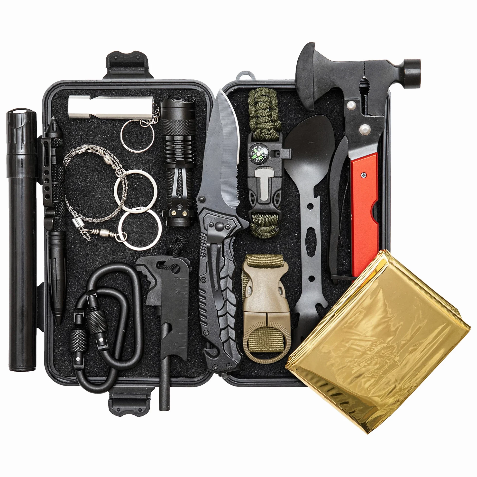 Kit de Supervivencia con Cuchillo, Manta Térmica, Flintlock, Bolígrafo de Defensa Personal, Hacha Multifunción | para Camping, Rescate | El único con Filtro de Agua de Emergencia