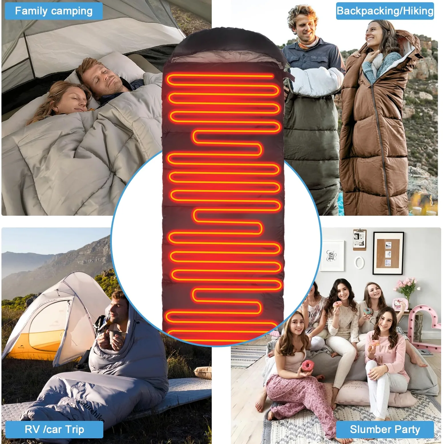 Saco de dormir con calefacción, almohadilla térmica eléctrica con 3 niveles de calefacción ajustables, almohadillas de calefacción alimentadas por USB, capucha ajustable, saco de dormir de camping de