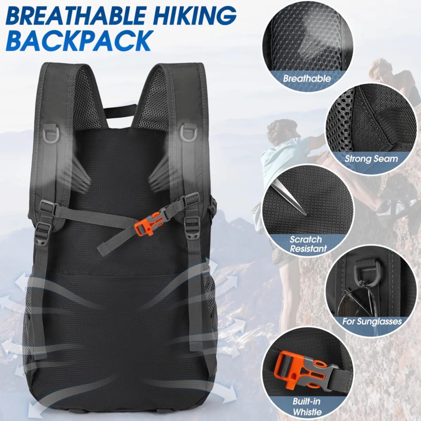 Mochila de Senderismo 40L Ultraligera Plegable para Camping Viajes, Negra