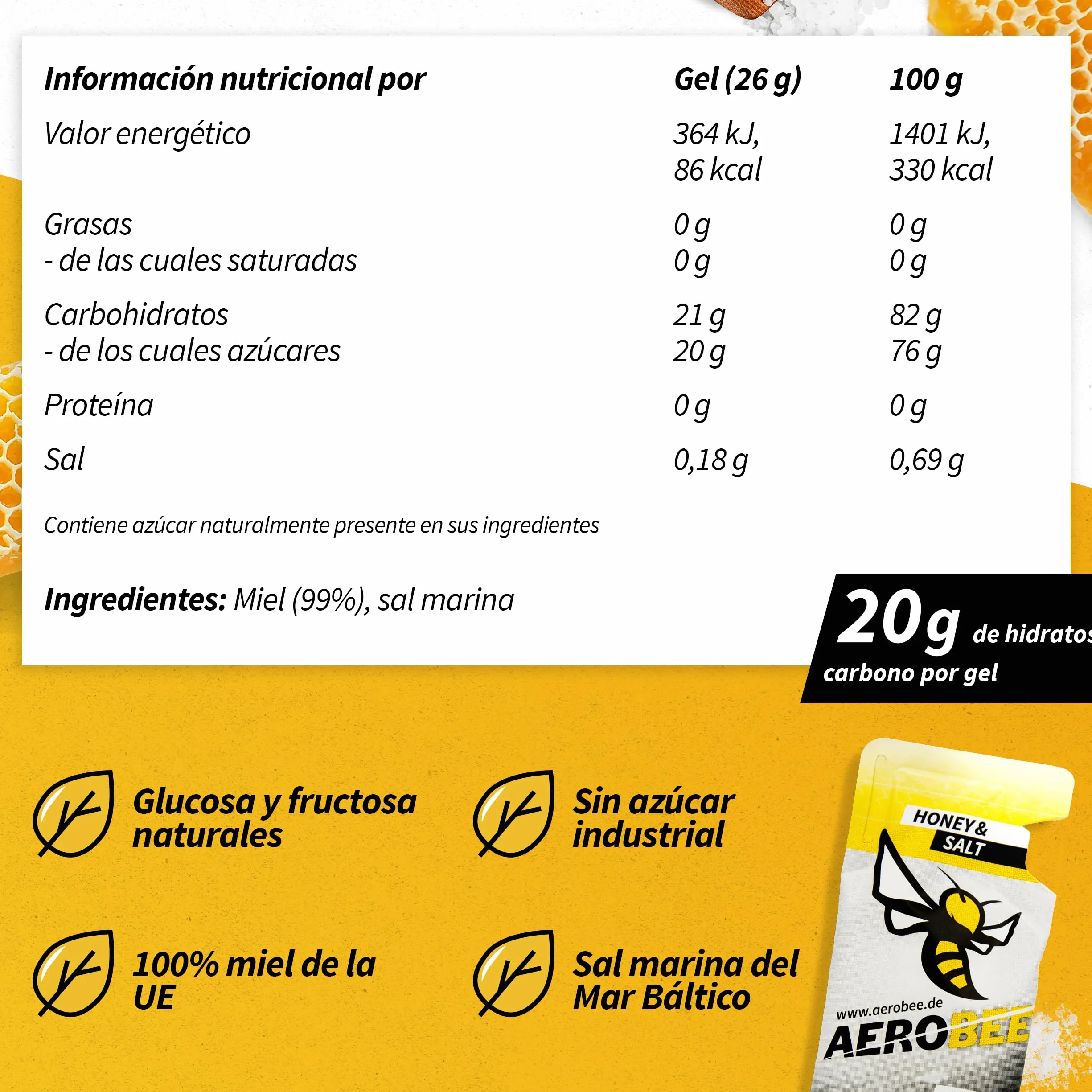 AEROBEE Energy Gel Classic Sabor a Miel y Sal 10x26g Gel Deportivo Energético Natural