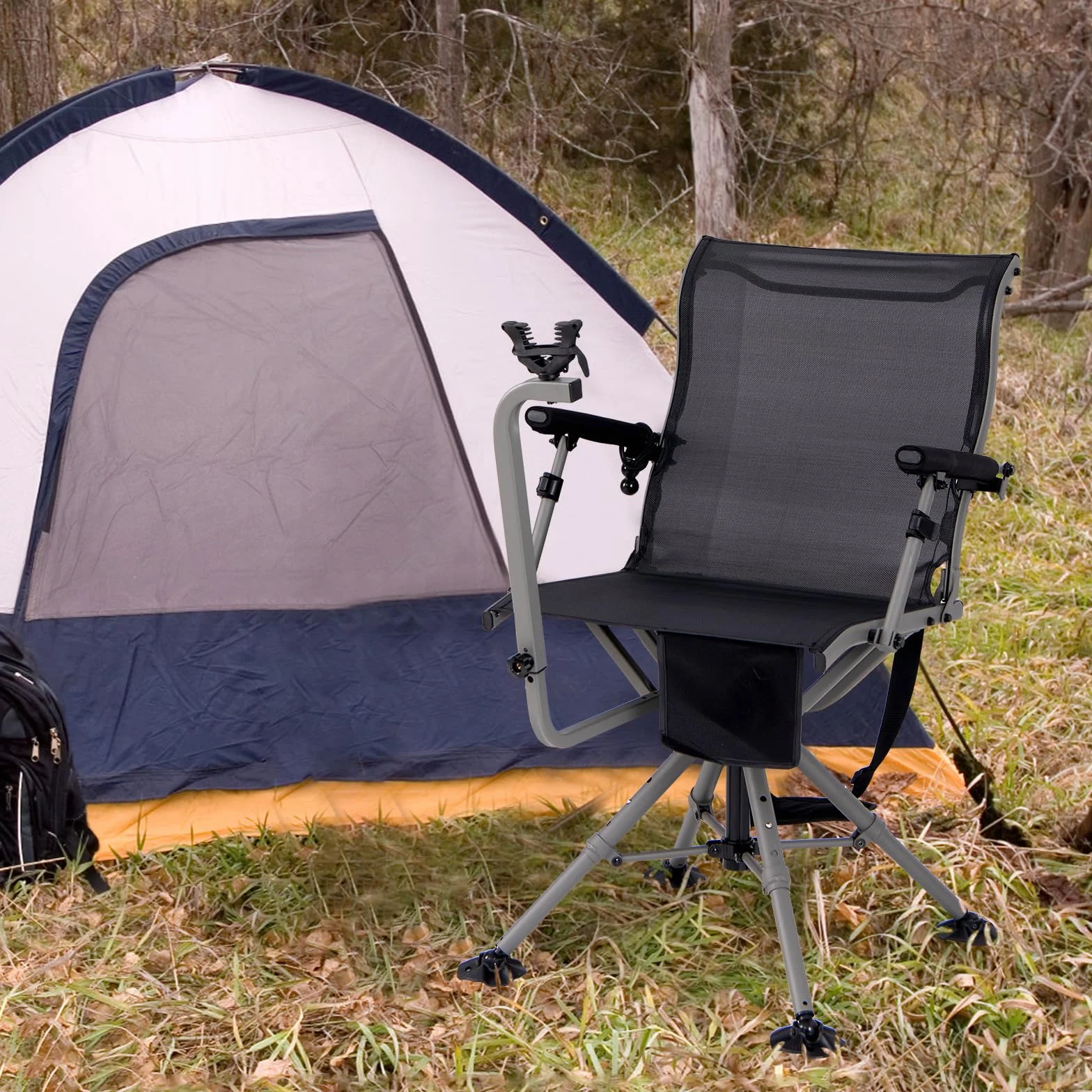 KOMFOTTEU Silla de Caza Giratoria 360°, Silla Plegable de Exterior con Soporte para Rifle Ajustable y Patas Ajustables, Asiento de Francotirador con Bolsillo de Transporte, Carga 150 kg (Modelo I)